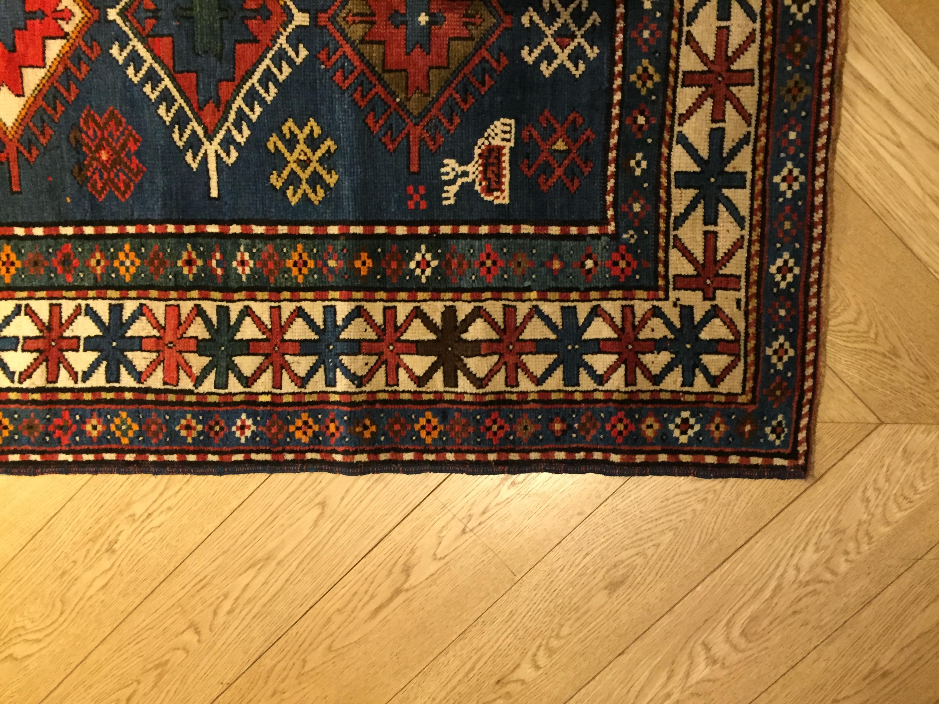 20th Century Blue Field Geometric with Rhombus in Wool Nomad Kazakh, Early 1900 For Sale 9