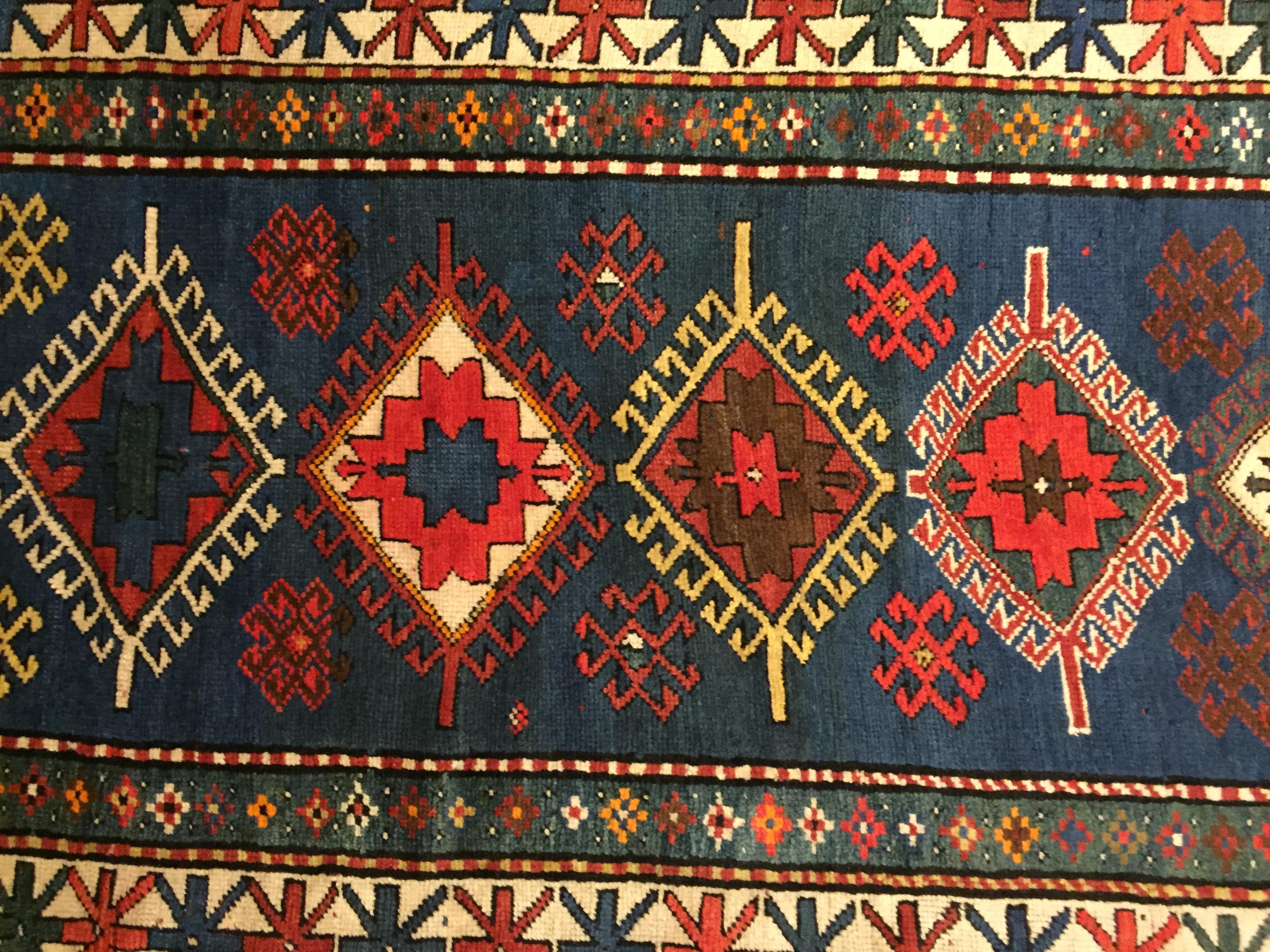 20th Century Blue Field Geometric with Rhombus in Wool Nomad Kazakh, Early 1900 For Sale 10