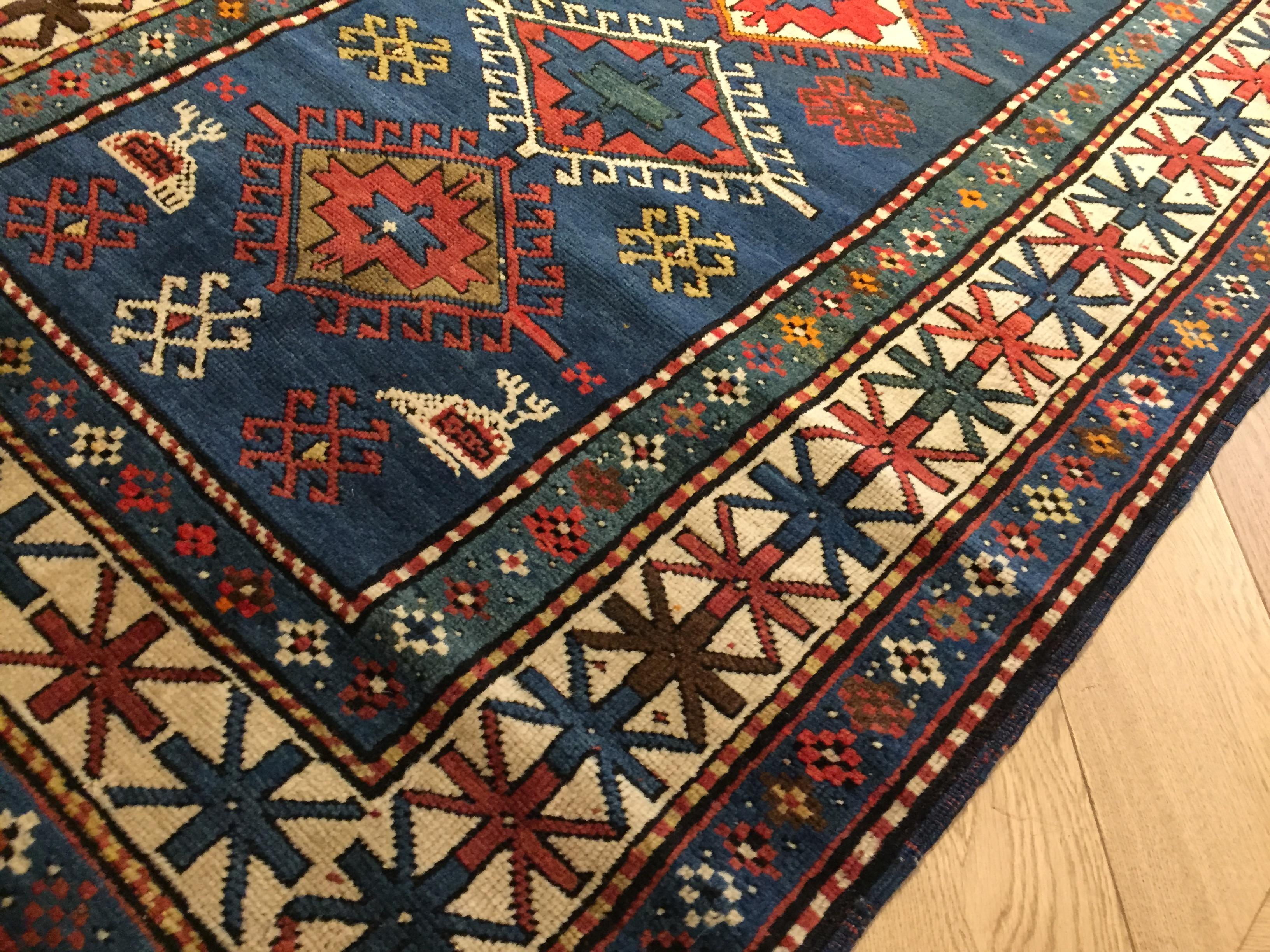 20th Century Blue Field Geometric with Rhombus in Wool Nomad Kazakh, Early 1900 For Sale 13