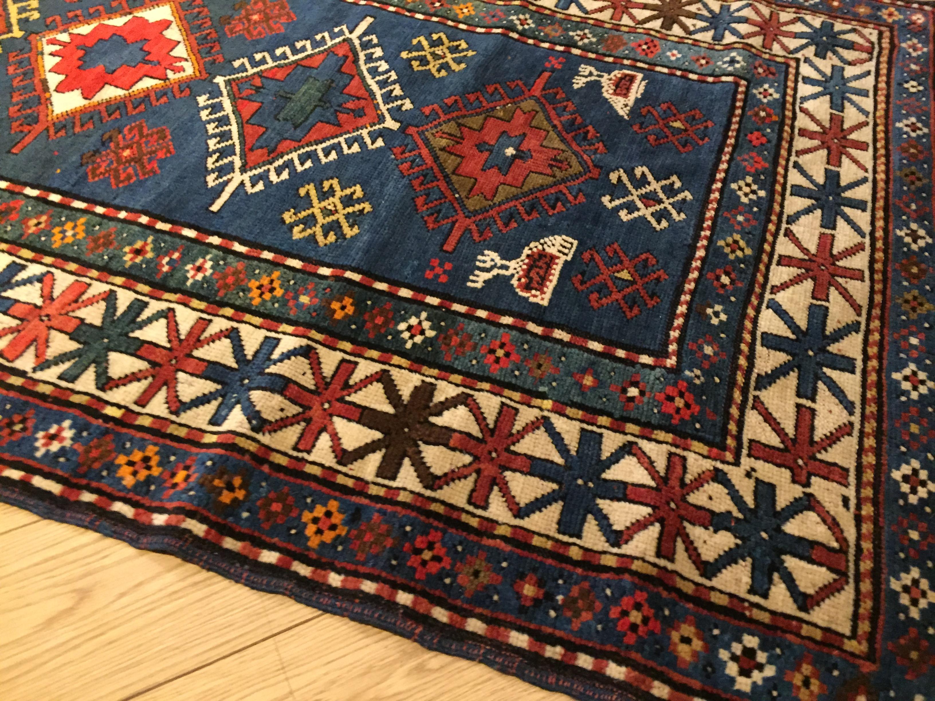 20th Century Blue Field Geometric with Rhombus in Wool Nomad Kazakh, Early 1900 For Sale 14