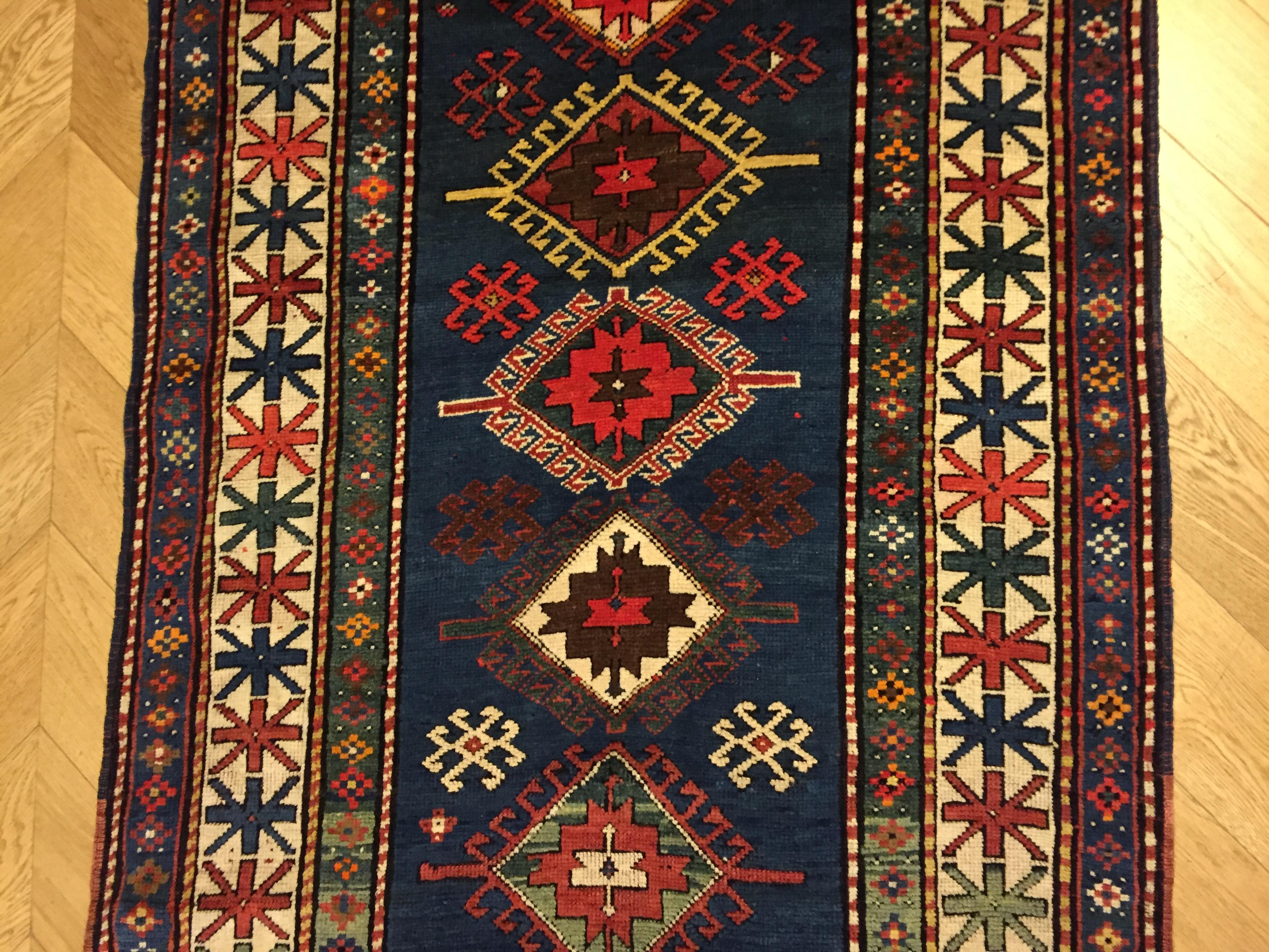 Caucasian 20th Century Blue Field Geometric with Rhombus in Wool Nomad Kazakh, Early 1900 For Sale