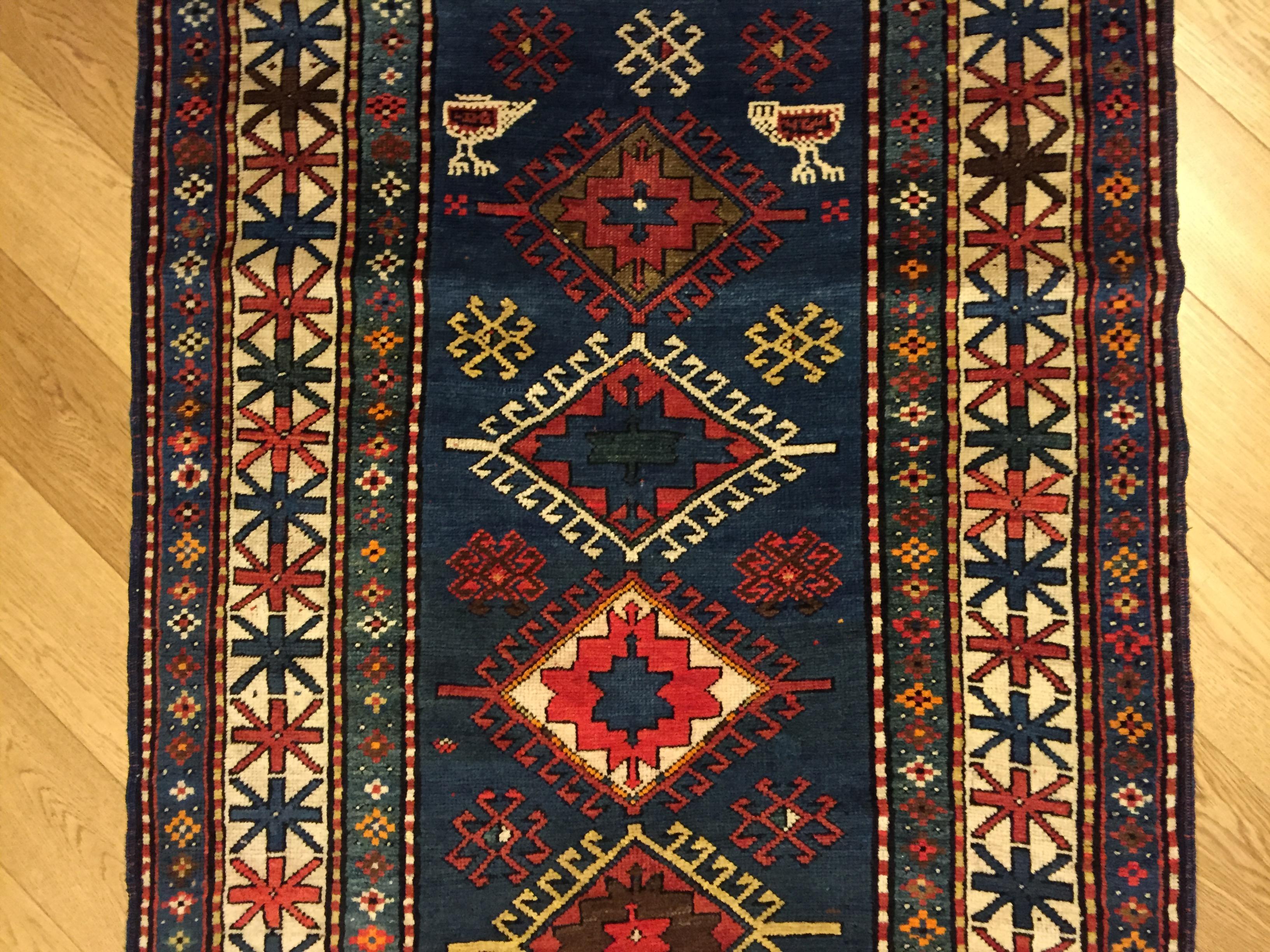 Hand-Knotted 20th Century Blue Field Geometric with Rhombus in Wool Nomad Kazakh, Early 1900 For Sale