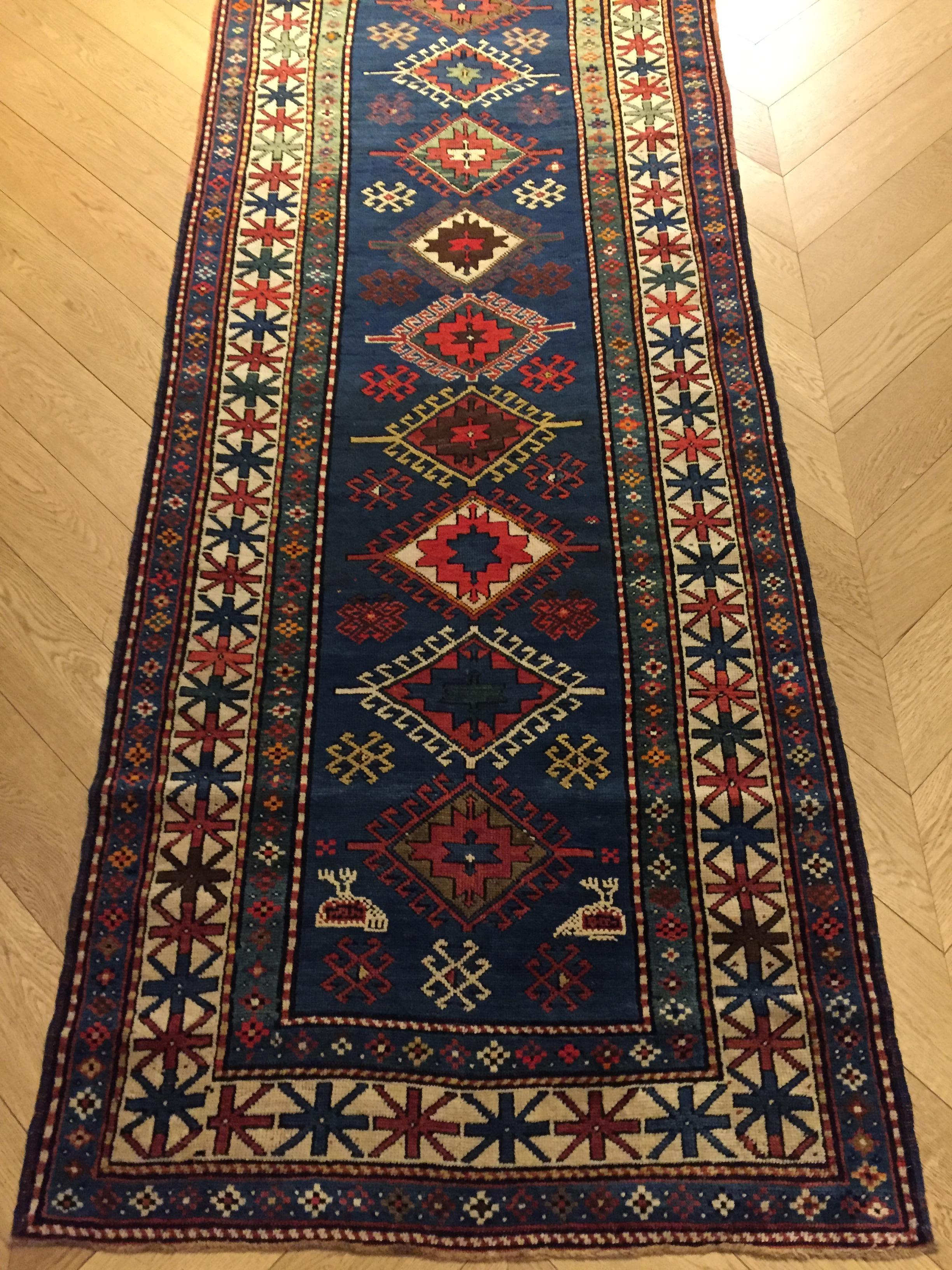 20th Century Blue Field Geometric with Rhombus in Wool Nomad Kazakh, Early 1900 In Good Condition For Sale In Firenze, IT