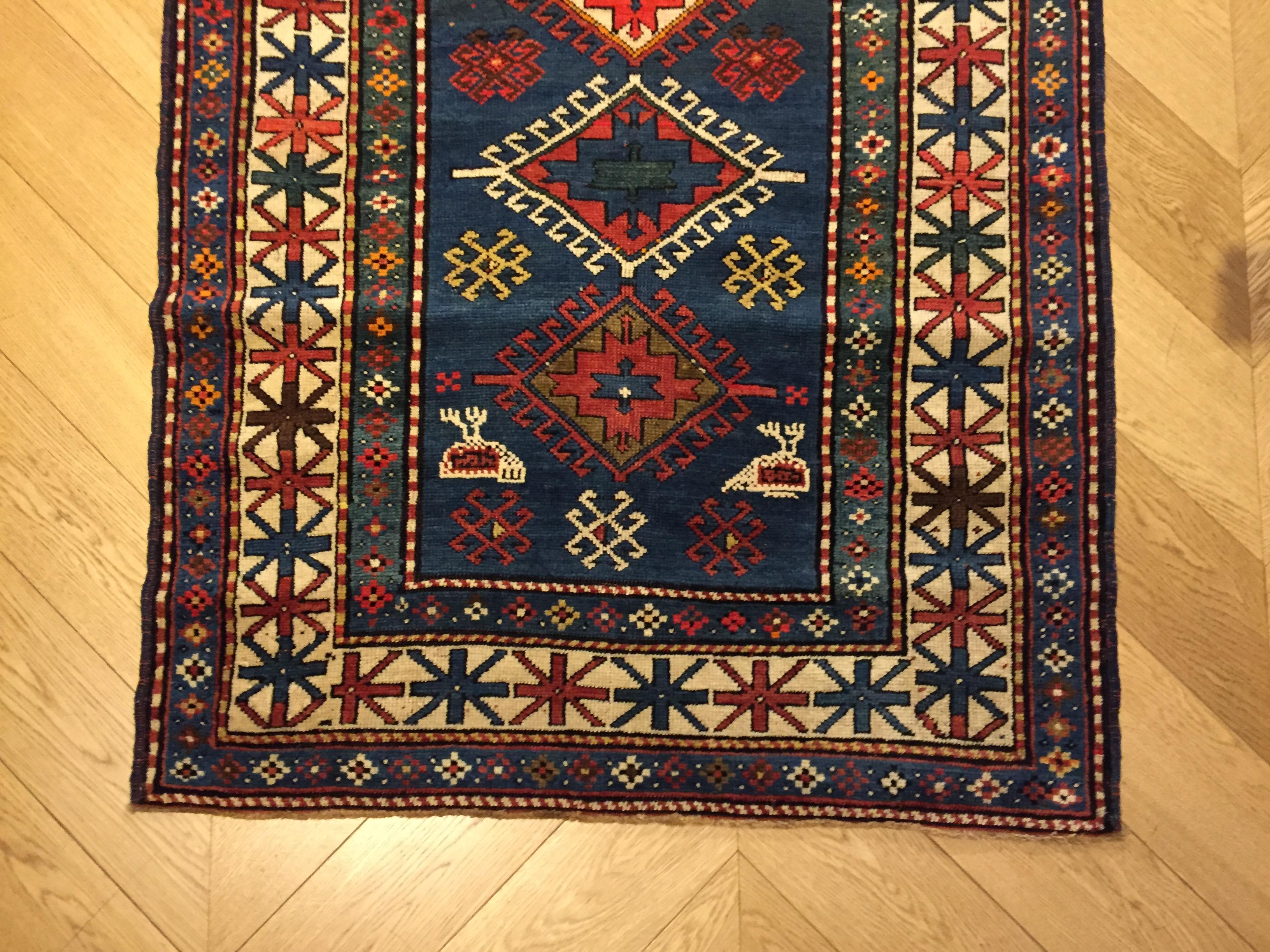 20th Century Blue Field Geometric with Rhombus in Wool Nomad Kazakh, Early 1900 For Sale 1