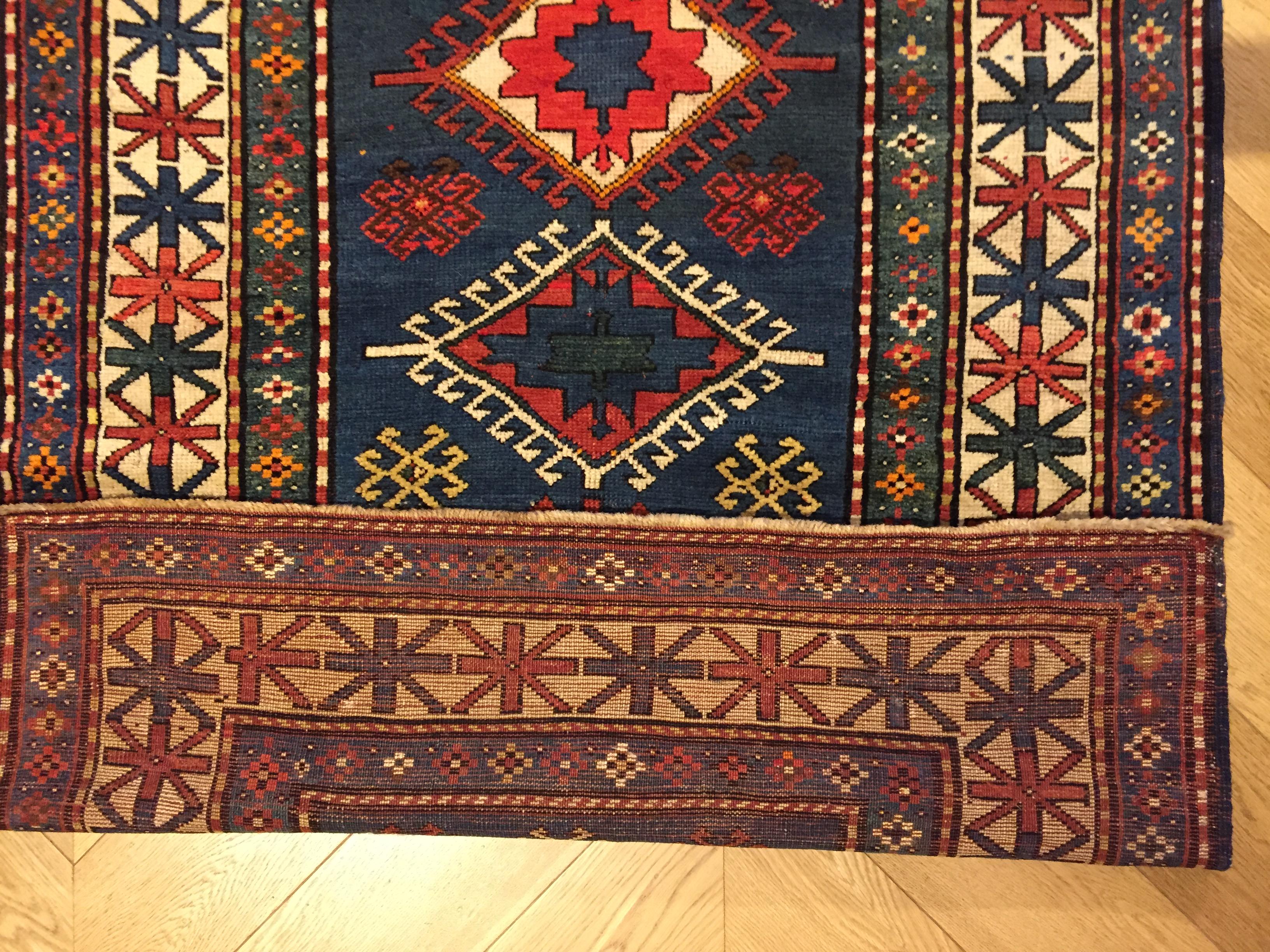 20th Century Blue Field Geometric with Rhombus in Wool Nomad Kazakh, Early 1900 For Sale 2