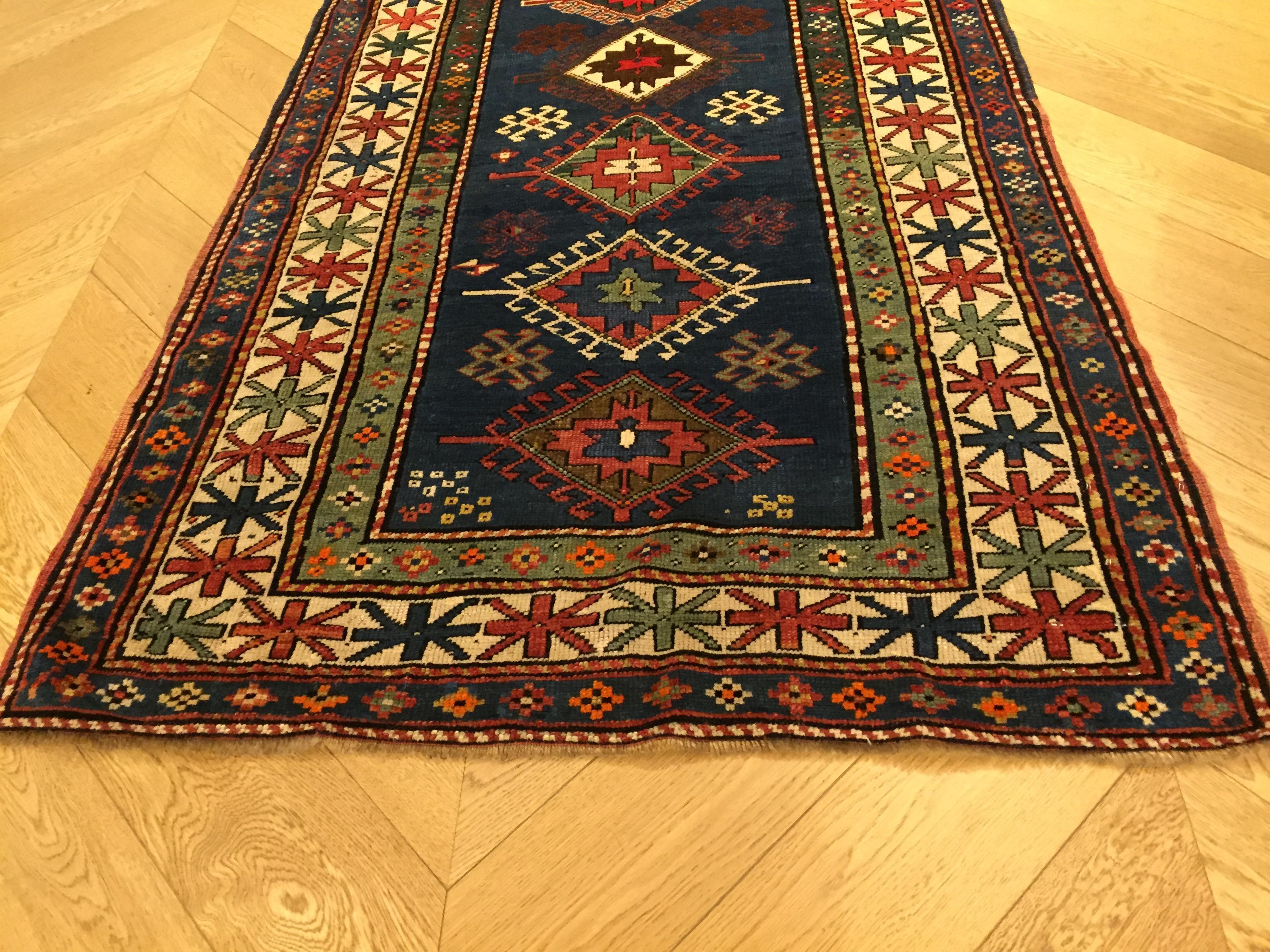 20th Century Blue Field Geometric with Rhombus in Wool Nomad Kazakh, Early 1900 For Sale 3