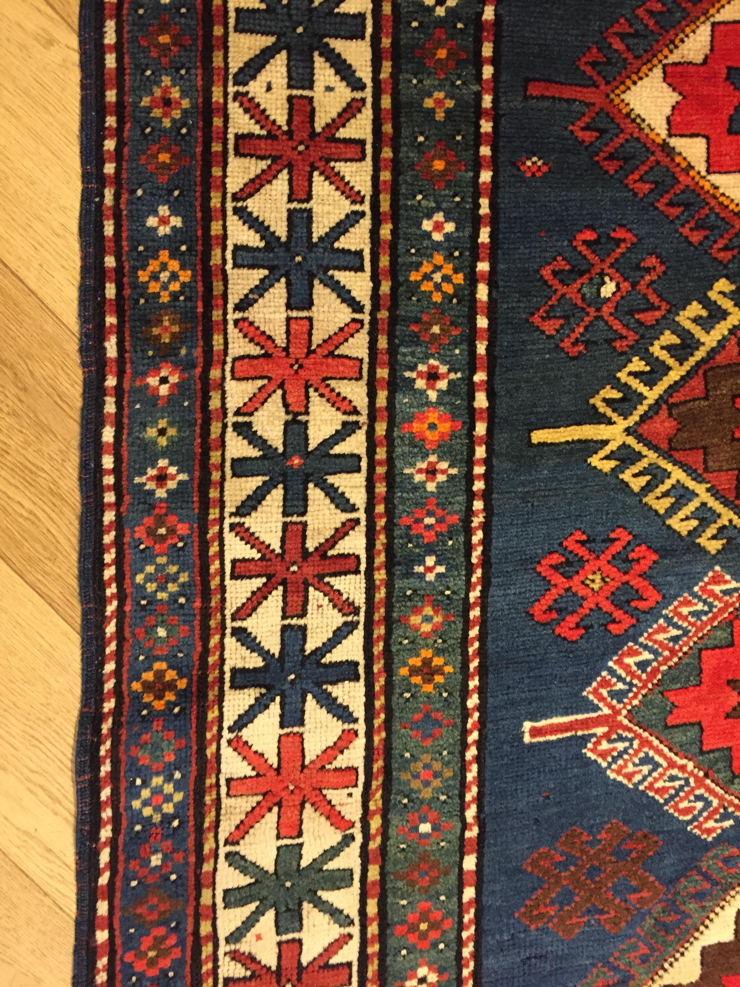 20th Century Blue Field Geometric with Rhombus in Wool Nomad Kazakh, Early 1900 For Sale 4