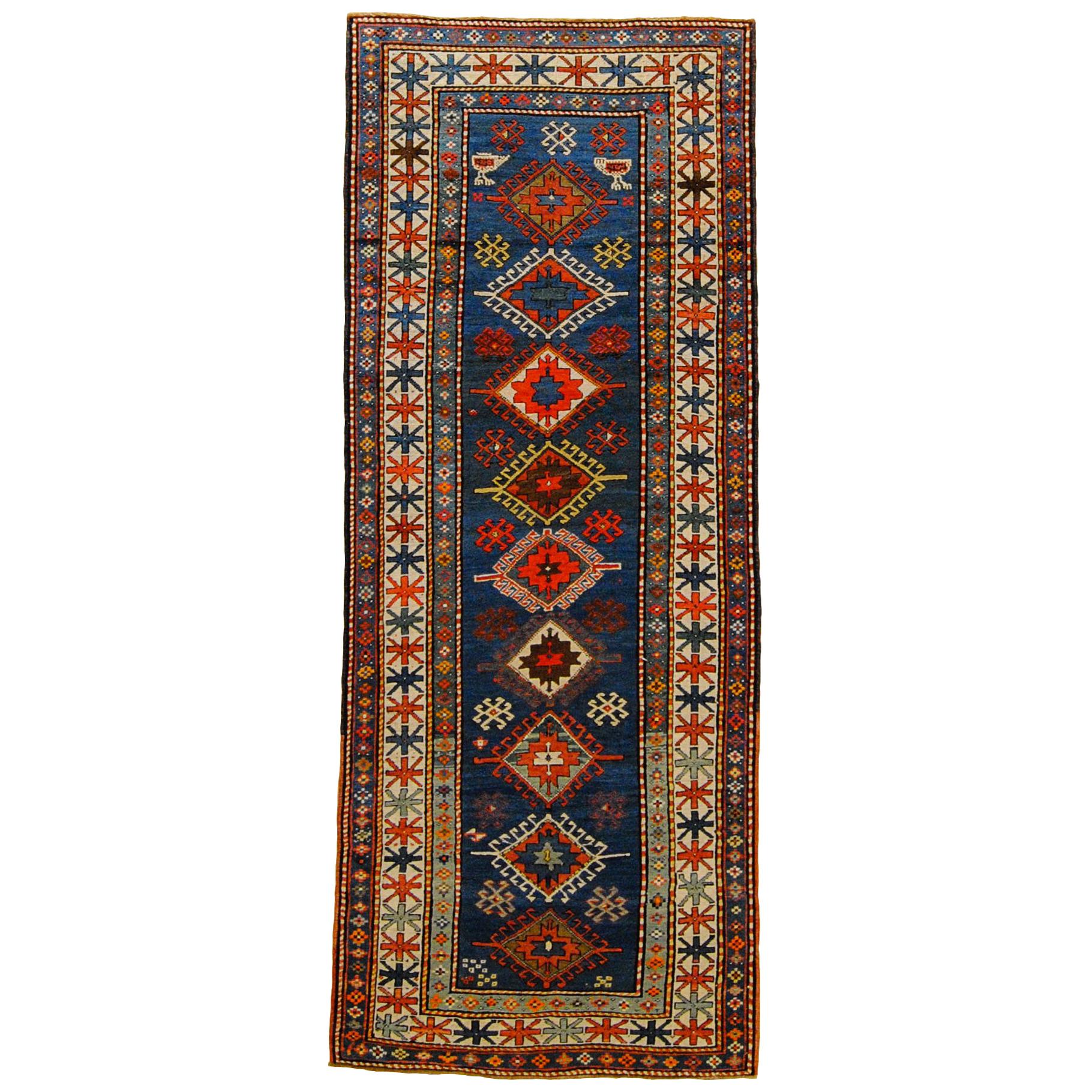 20th Century Blue Field Geometric with Rhombus in Wool Nomad Kazakh, Early 1900 For Sale