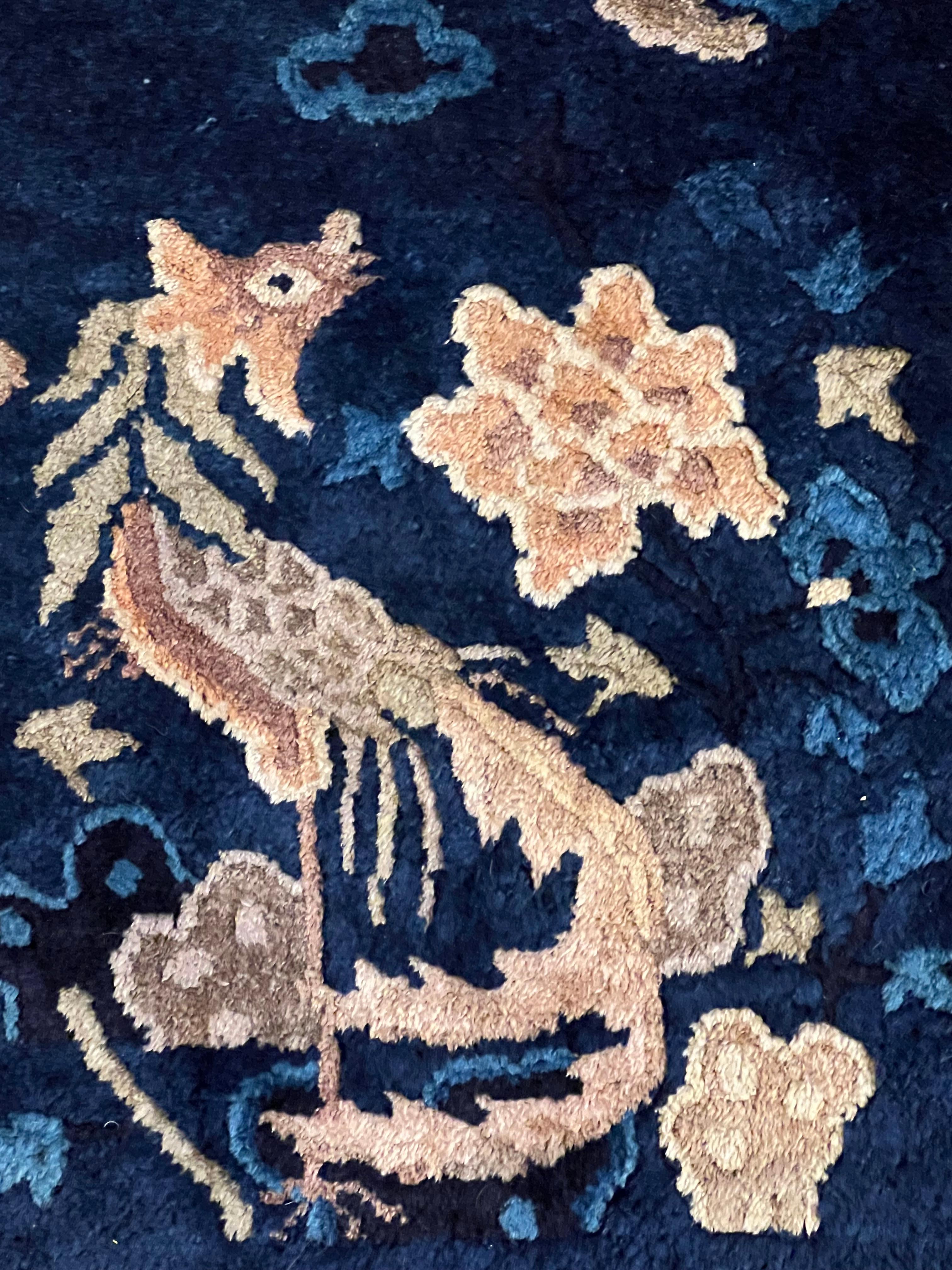 Wool 20th Century, Blue Field with Phoenix and Floreal Border Chinese Rug, ca 1910 For Sale