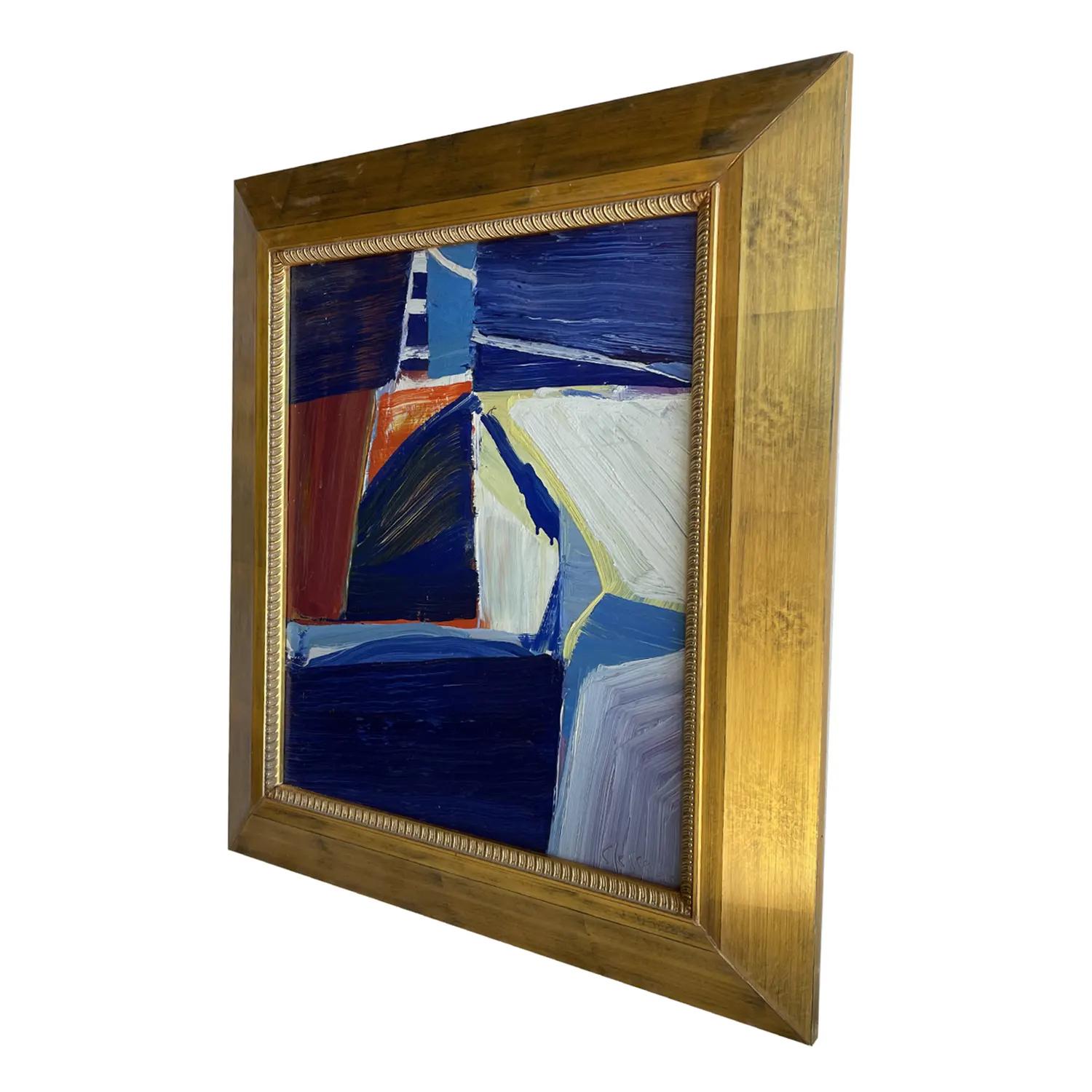A dark-blue, vintage Mid-Century Modern French abstract oil on wood painting of a color field, painted by Daniel Clesse in good condition. Signed on the lower right. Wear consistent with age and use. Dated 1979, Paris, France.

Without the frame: