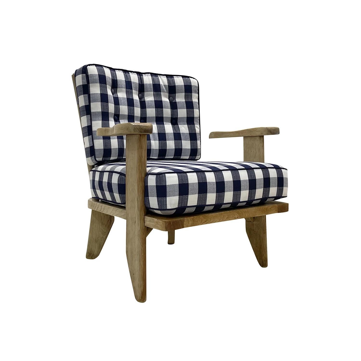 Hand-Carved 20th Century Blue French Bleached Oak Cocktail Armchair by Guillerme et Chambron For Sale
