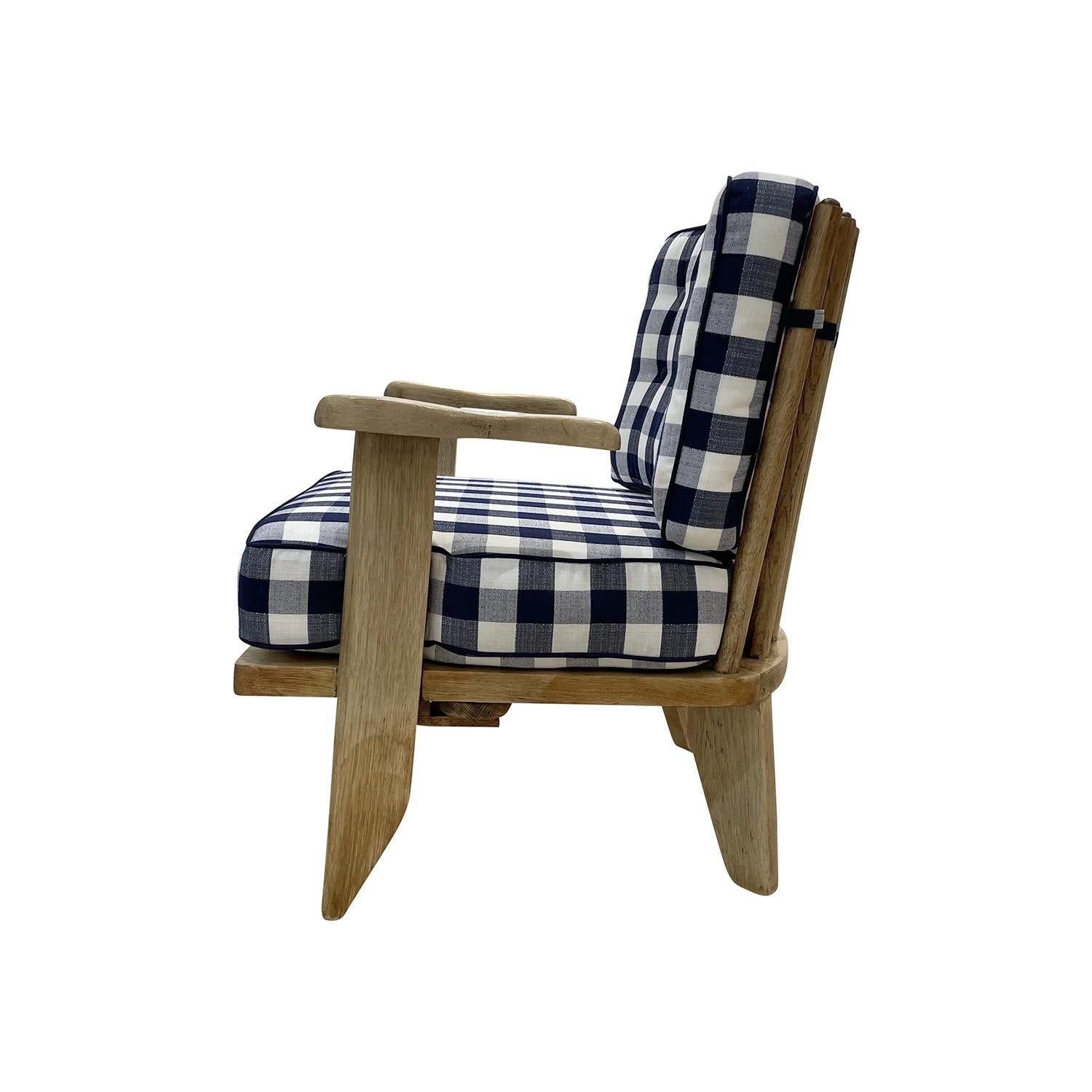 Fabric 20th Century Blue French Bleached Oak Cocktail Armchair by Guillerme et Chambron For Sale