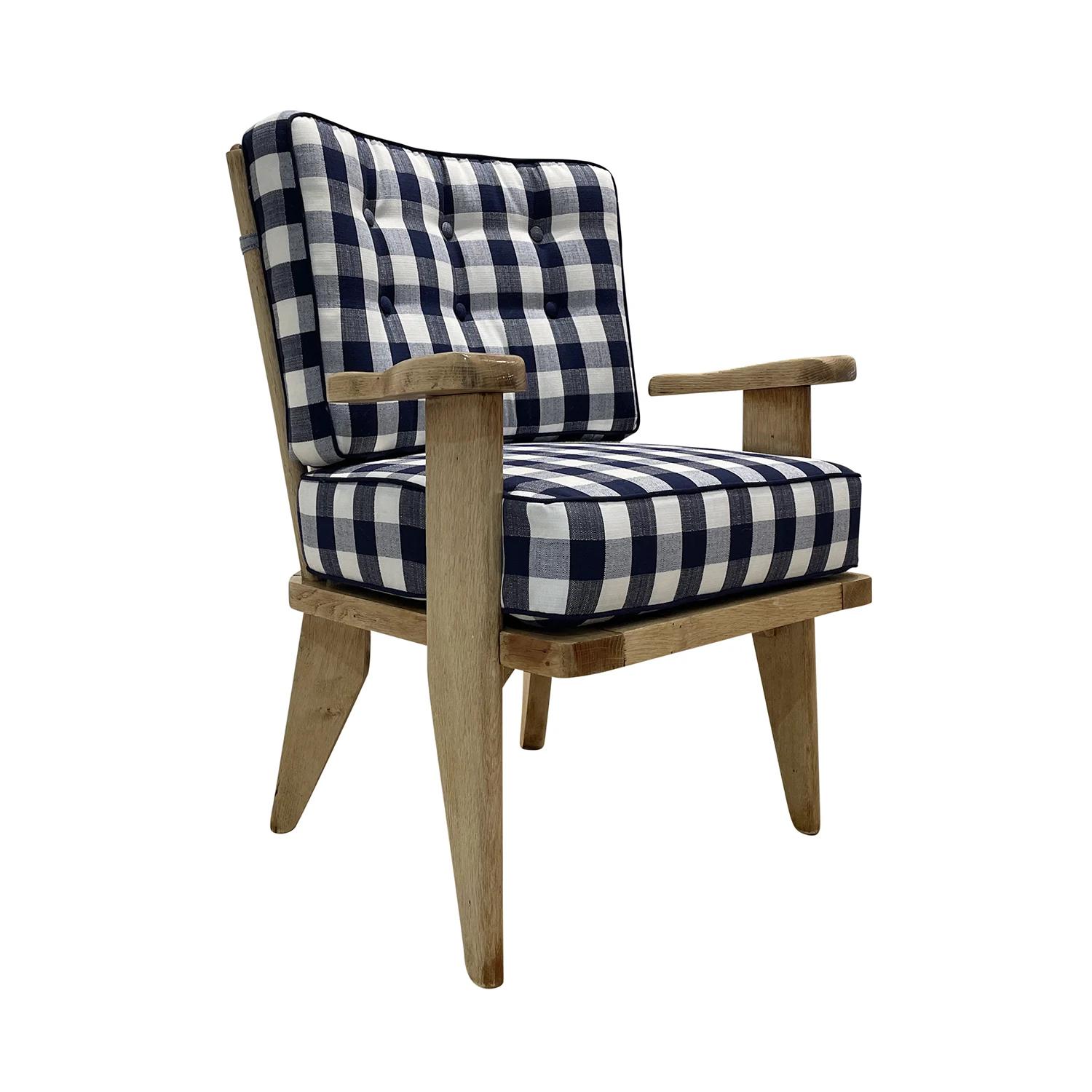 Fabric 20th Century Blue French Bleached Oakwood Lounge Chair by Guillerme et Chambron For Sale