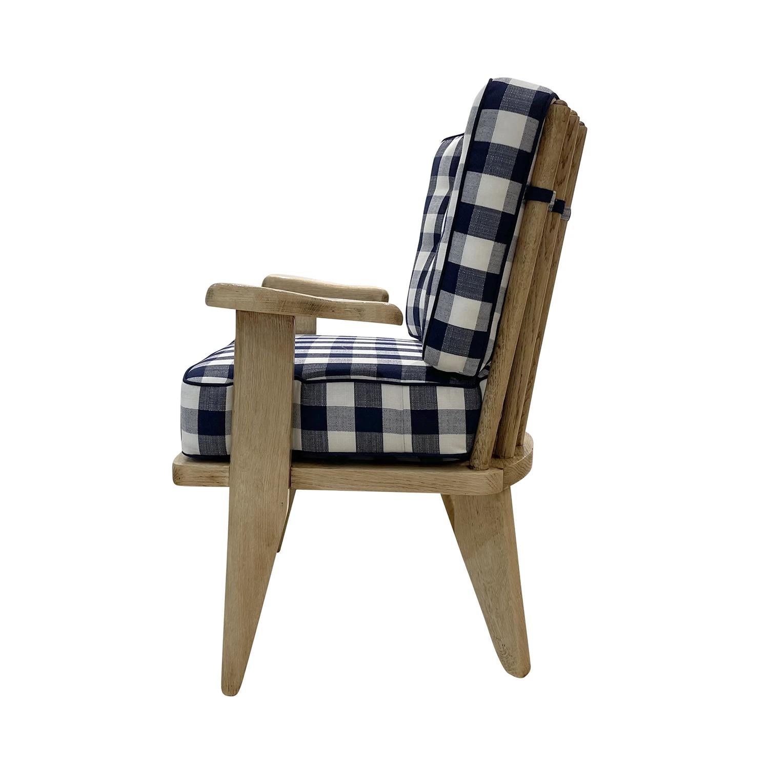 20th Century Blue French Bleached Oakwood Lounge Chair by Guillerme et Chambron For Sale 2