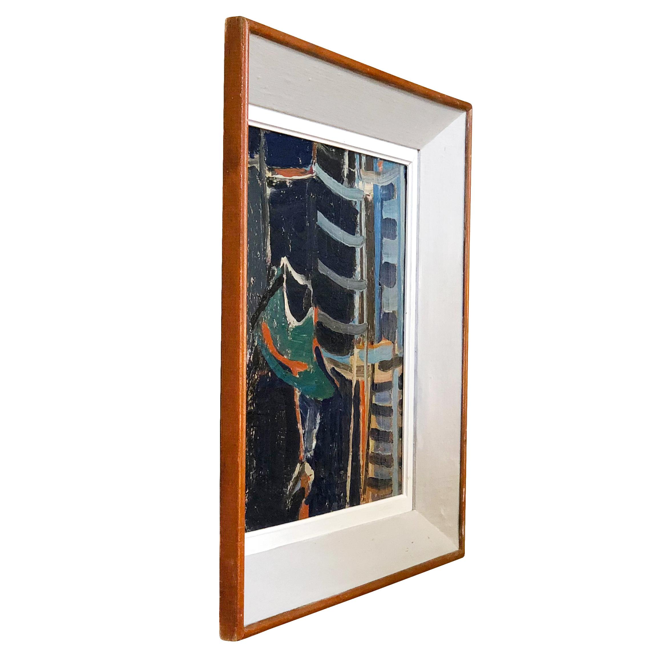 Un portrait abstrait français de livres, bleu, vert, huile sur bois dans une toile de Daniel Clesse, peint en France, signé et daté en 1964.

Mesures : Sans le cadre : 18