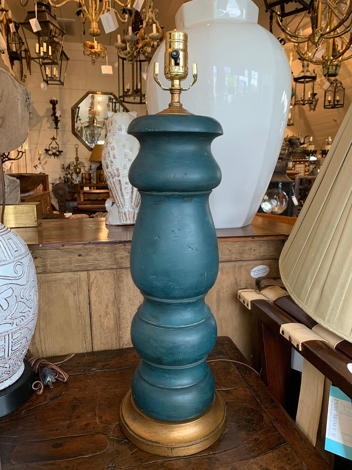 20th century blue hand painted wood lamp on custom gilt base
New wiring.