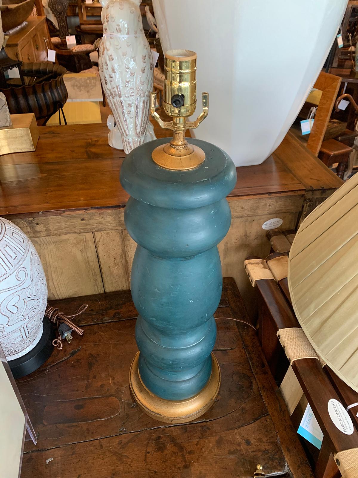 Hand-Painted 20th Century Blue Hand Painted Wood Lamp on Custom Gilt Base