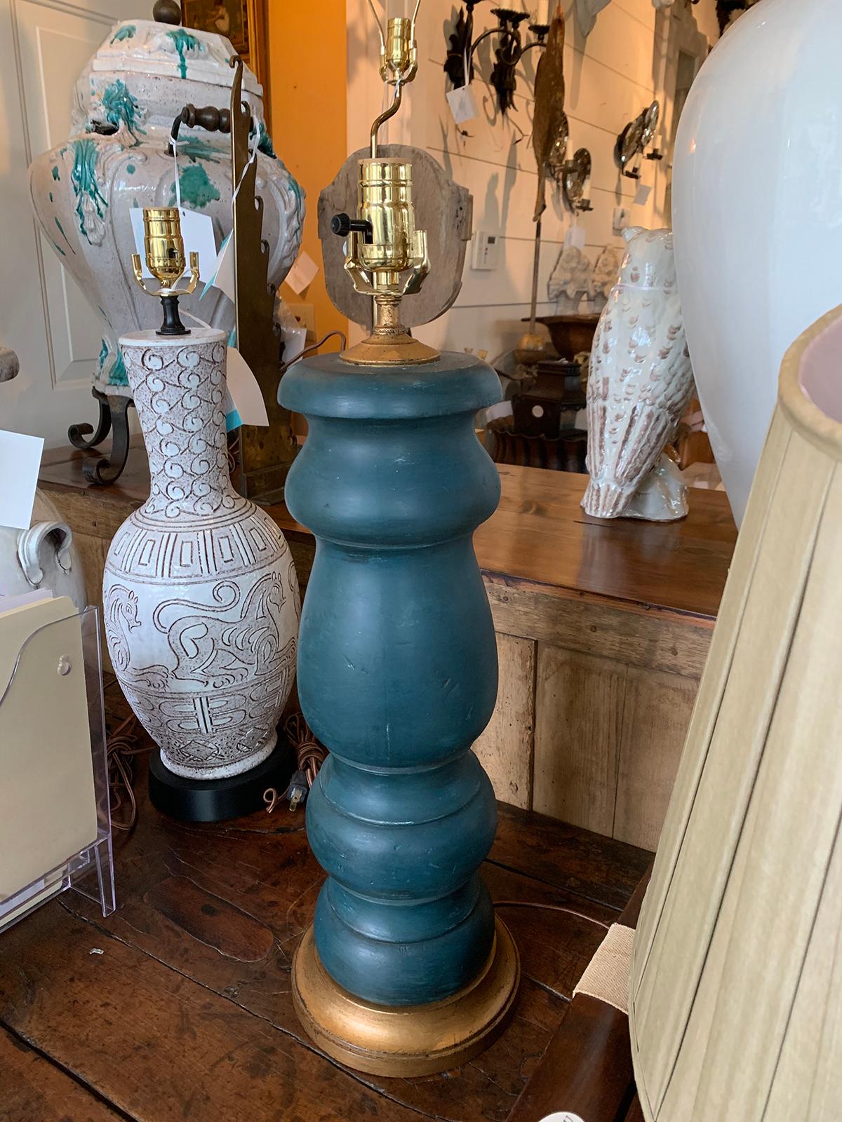 20th Century Blue Hand Painted Wood Lamp on Custom Gilt Base In Good Condition In Atlanta, GA