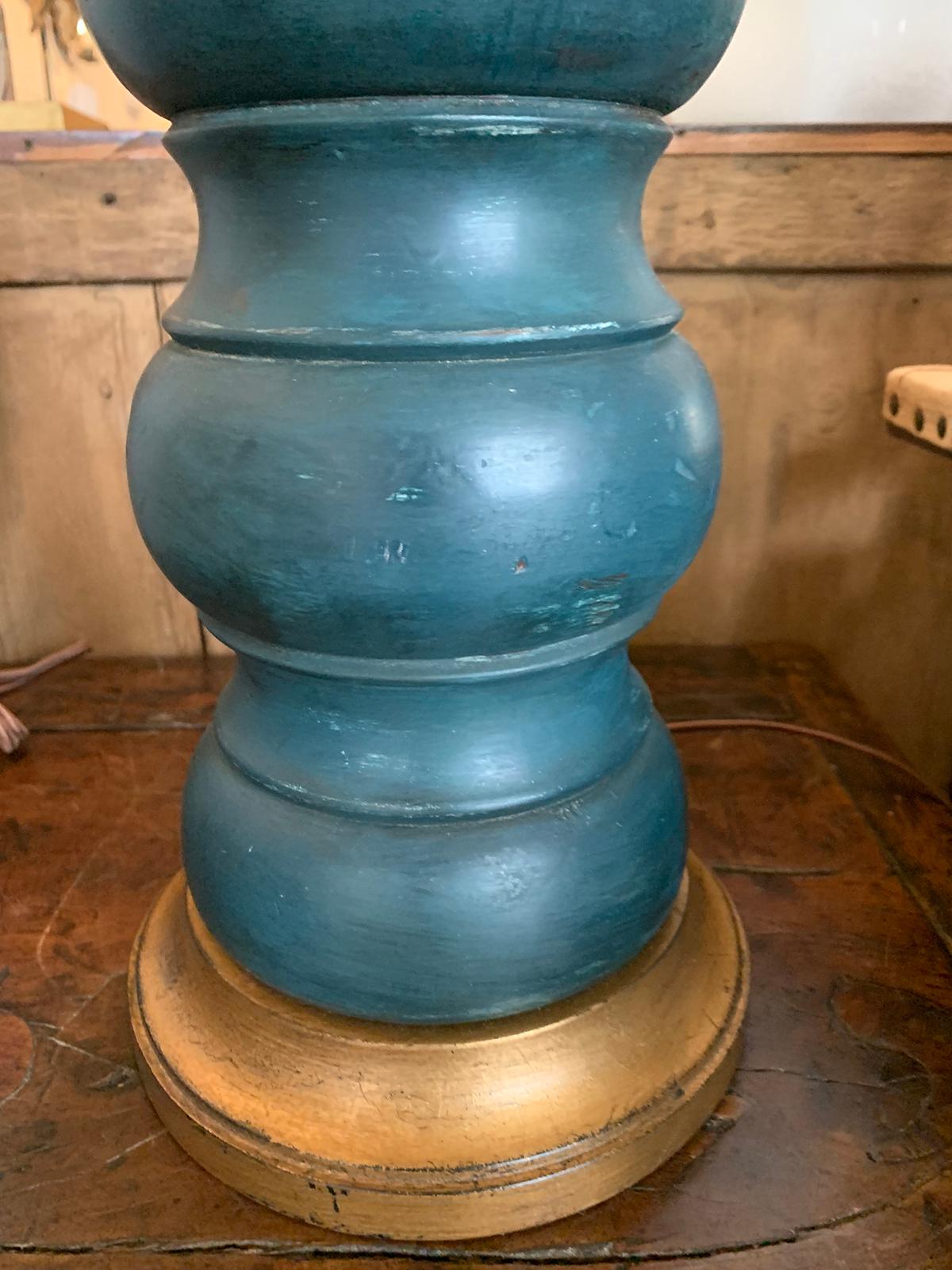 20th Century Blue Hand Painted Wood Lamp on Custom Gilt Base 3
