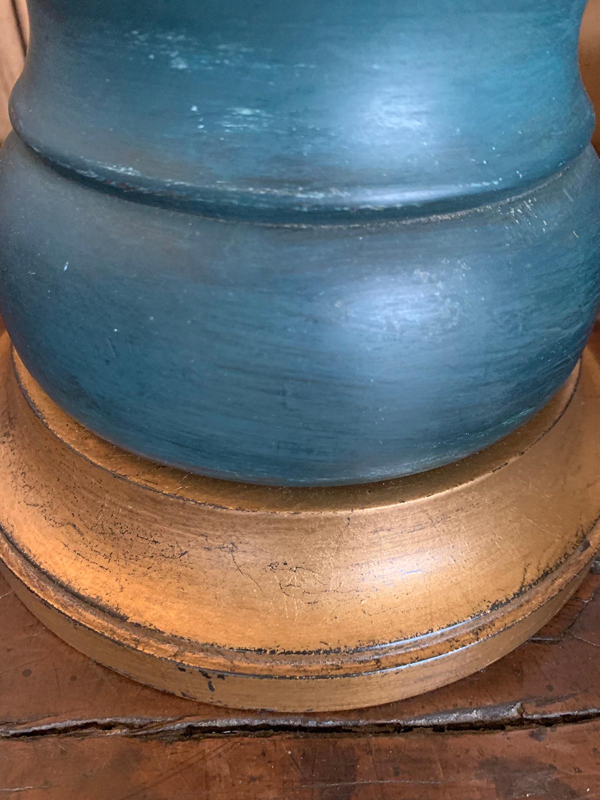 20th Century Blue Hand Painted Wood Lamp on Custom Gilt Base 4