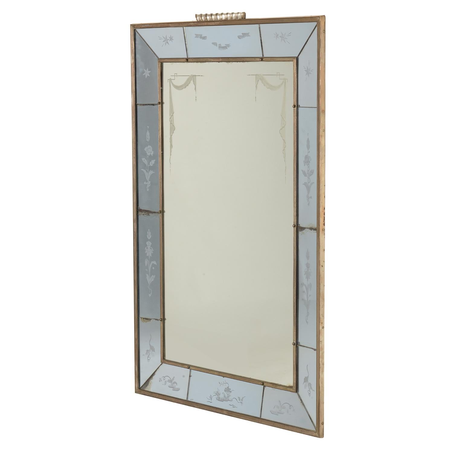 A light-blue, vintage Mid-Century Modern Italian wall mirror made of hand blown crystal glass. Original colored mirror glass, enhanced by detailed flower decoration, designed by Luigi Brusotti in good condition. The silver-plated frame of the