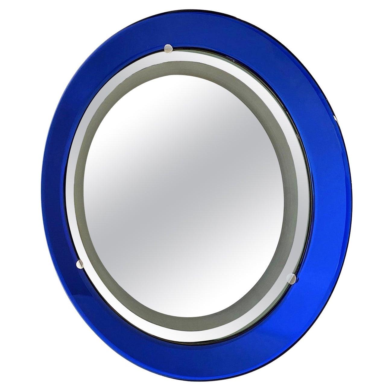 Miroir mural italien rond en verre bleu enluminé du 20ème siècle par Cristal Art en vente