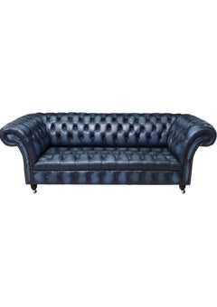 20th Century Blue Leather English Chesterfield Style, Nailhead Trim, Sofa