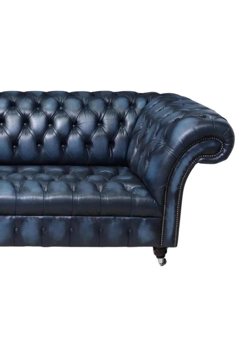 20th Century Blue Leather English Chesterfield Style, Nailhead Trim