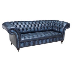 Vintage 20th Century Blue Leather English Chesterfield Style, Nailhead Trim, Sofa