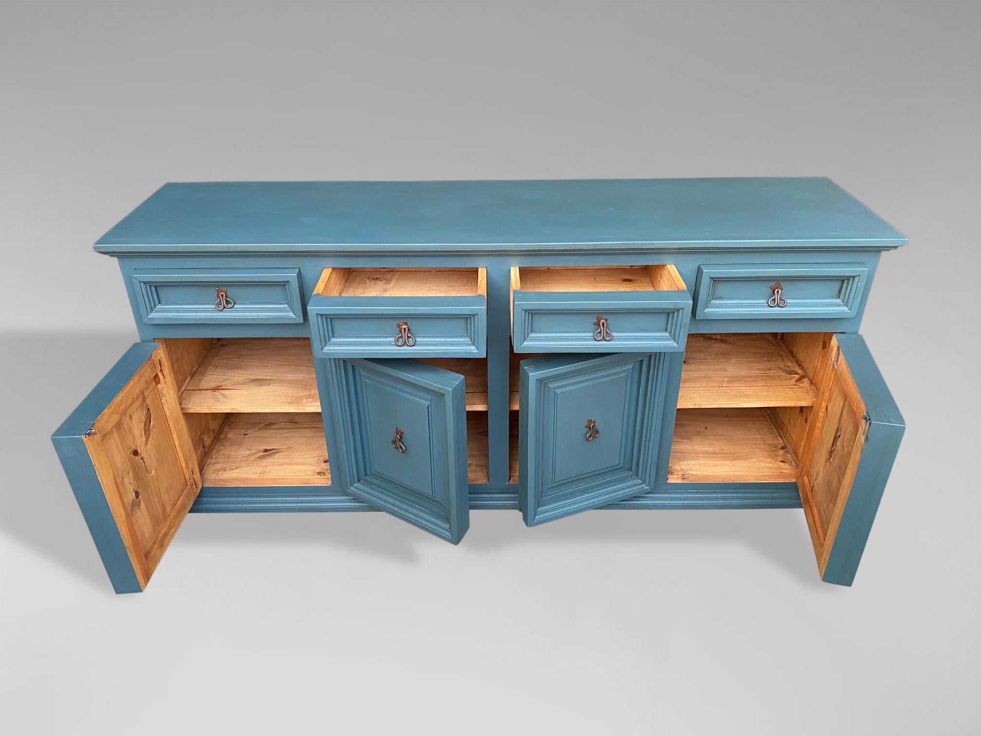 Hand-Painted 20th Century Blue Painted Pine Dresser Base or Enfilade For Sale