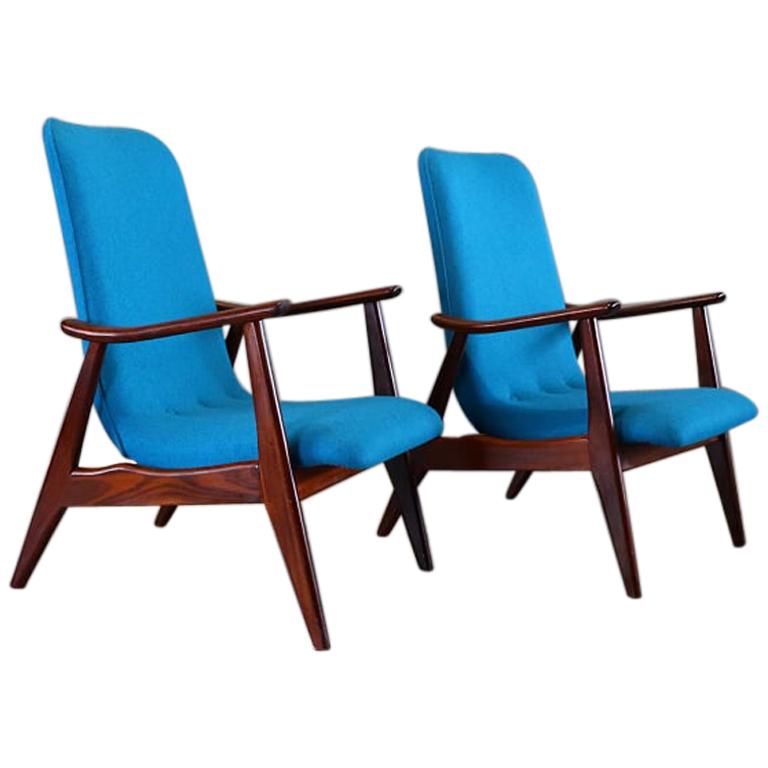 20th Century Blue Teak Lounge Chairs by Louis Van Teeffelen for Wébé, 1950s