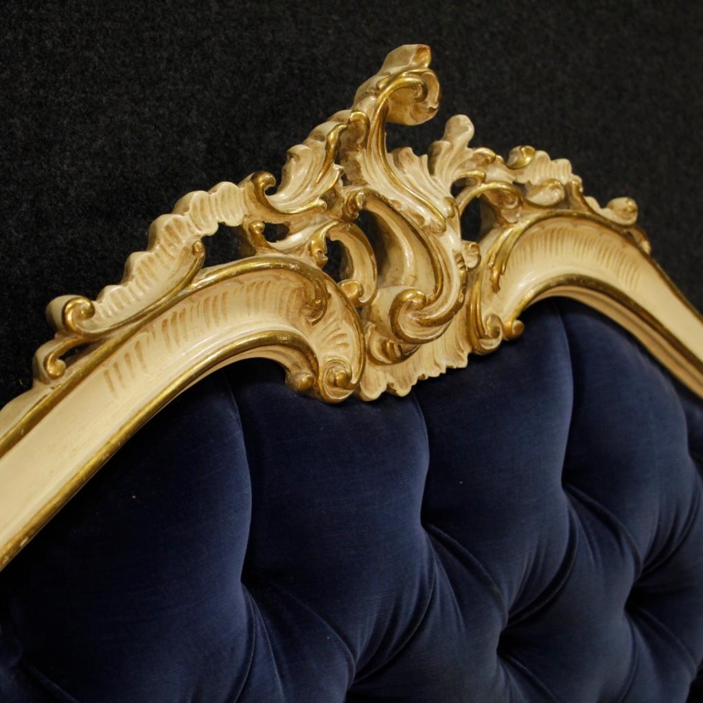 Italian 20th Century Blue Velvet and Lacquered, Painted Wood Venetian Bed, 1960