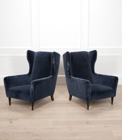 20th Century Blue Velvet Italian High Back Armchairs