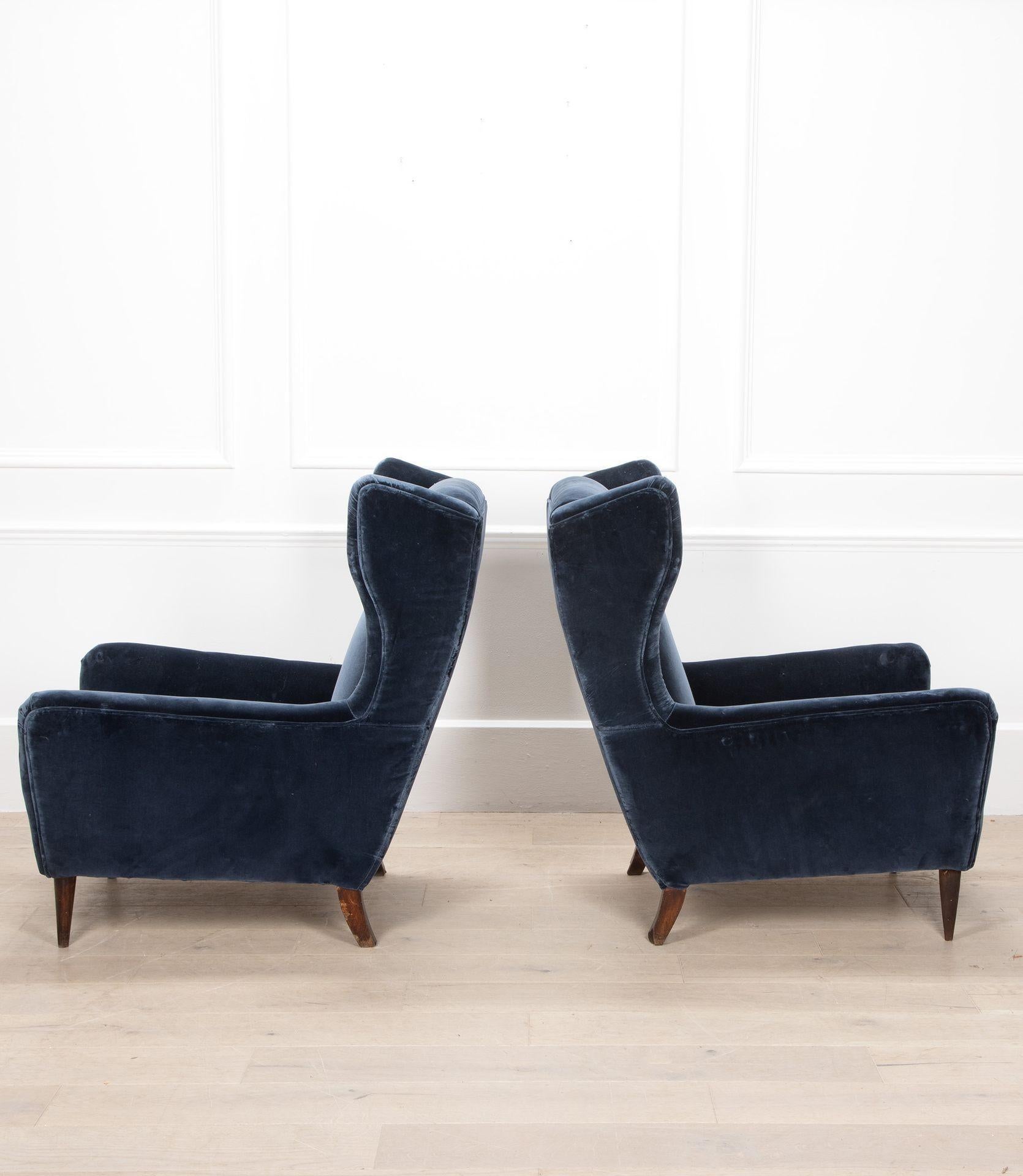 Mid-Century Modern 20th Century Blue Velvet Italian High Back Armchairs For Sale
