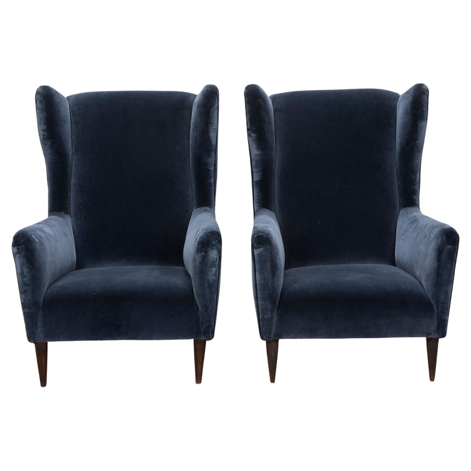 20th Century Blue Velvet Italian High Back Armchairs For Sale
