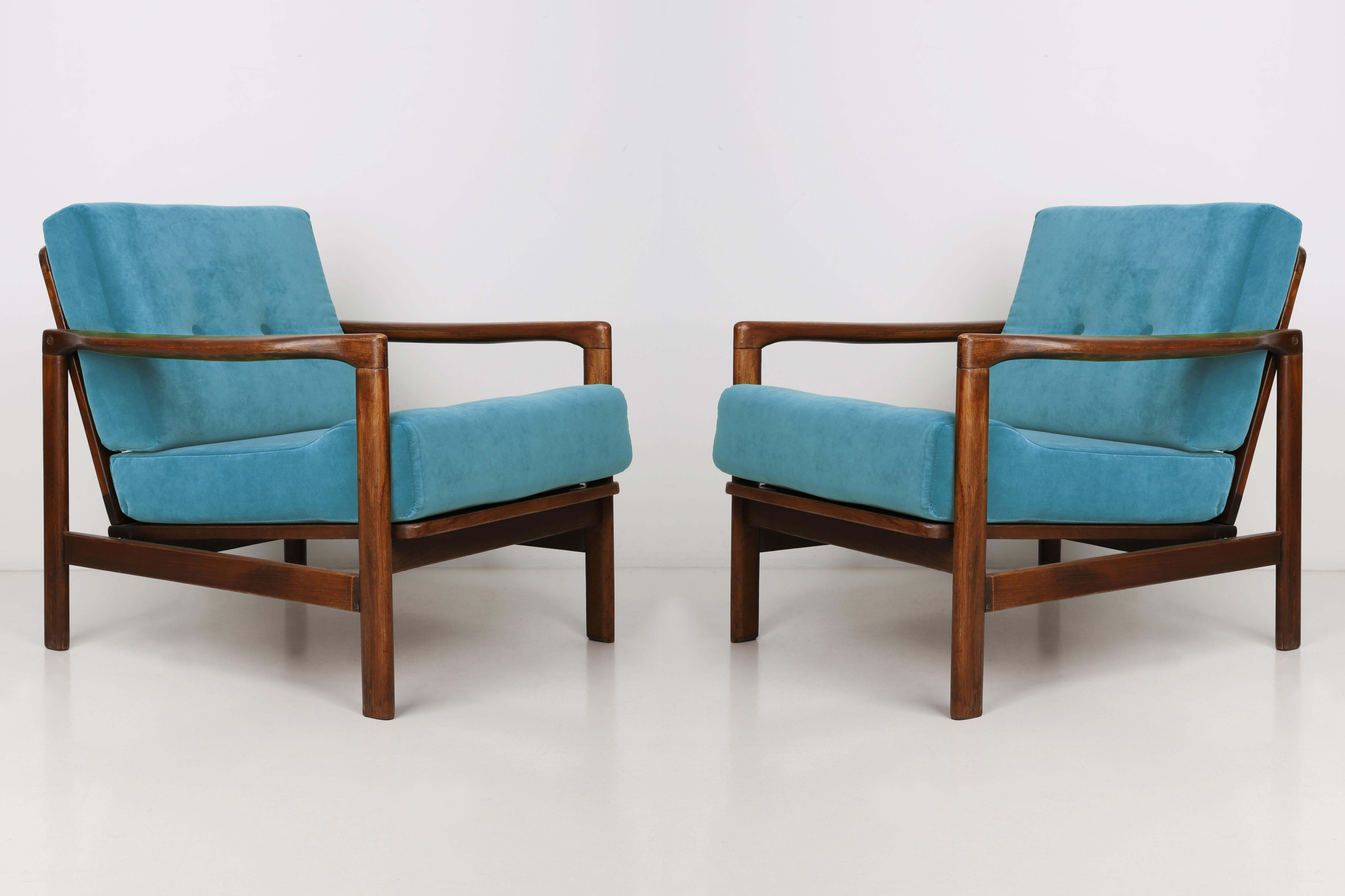 Polish Mid Century Blue Velvet Vintage Armchair, Zenon Baczyk, Europe, 1960s For Sale