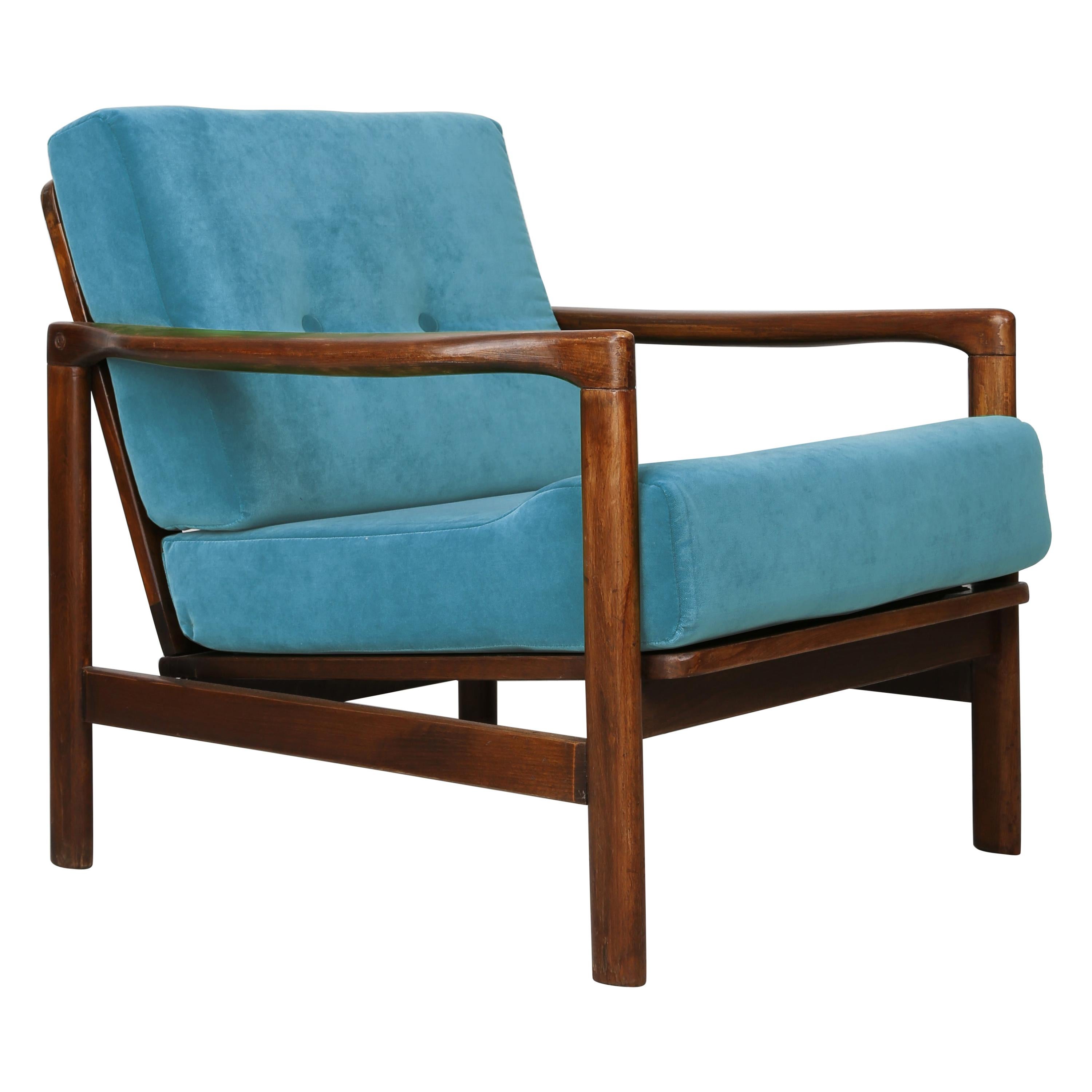 Mid Century Blue Velvet Vintage Armchair, Zenon Baczyk, Europe, 1960s