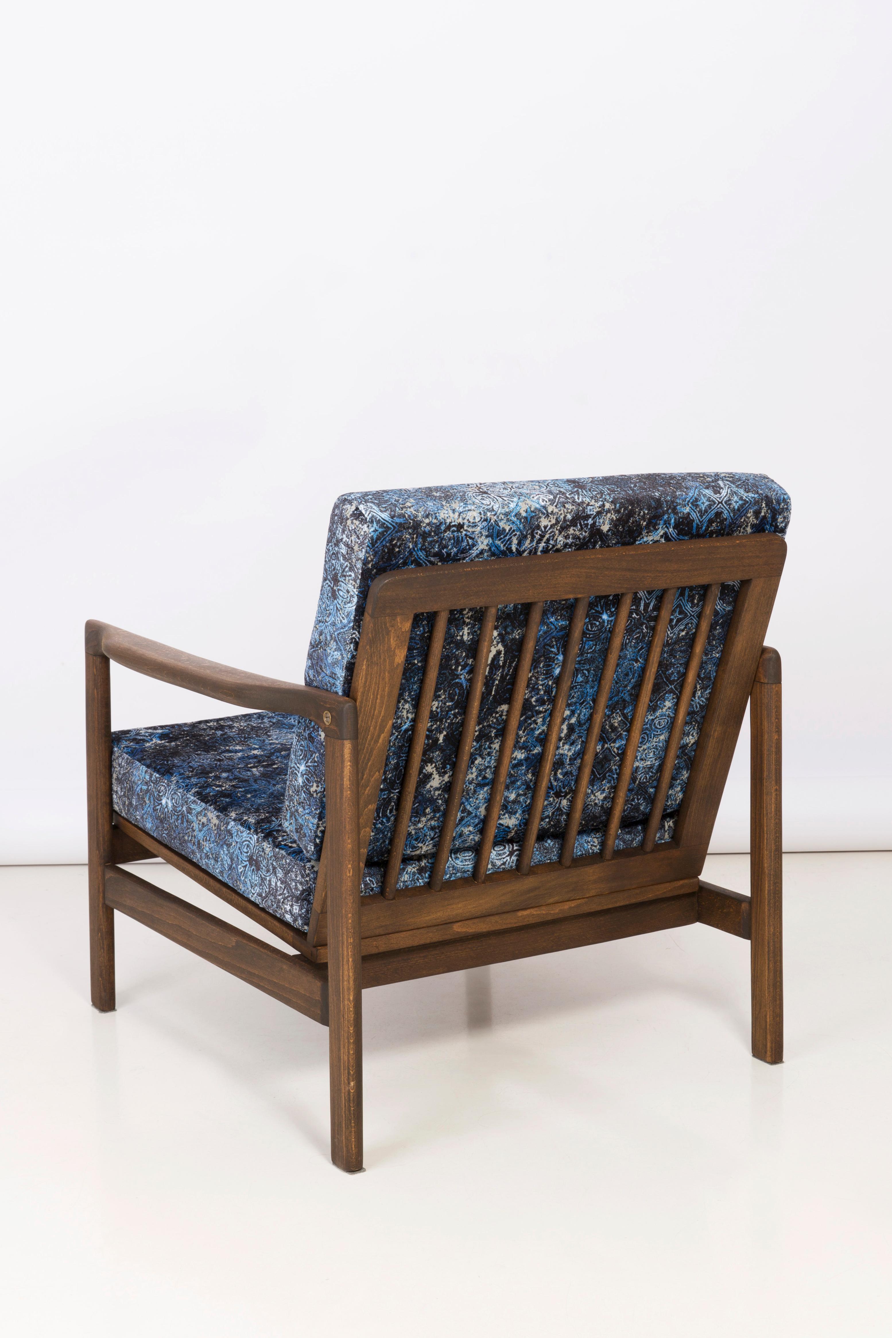 Velvet 20th Century Blue Vintage Armchair, Zenon Baczyk, 1960s For Sale