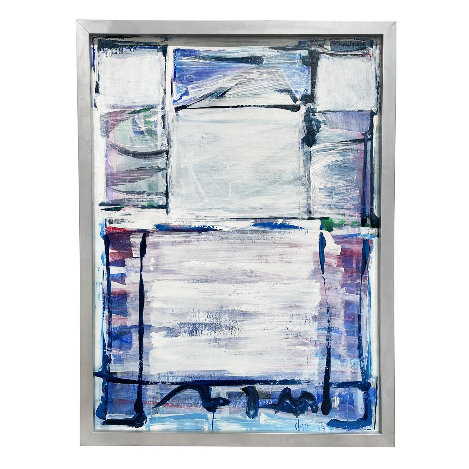 Tableau abstrait français bleu, blanc et rose, huile sur bois de Daniel Clesse, peint en France, signé et daté en 1989.

Daniel Clesse est un peintre français né en 1932 à Paris, France et décédé en 2016. Lui et son épouse Christiane Clesse ont