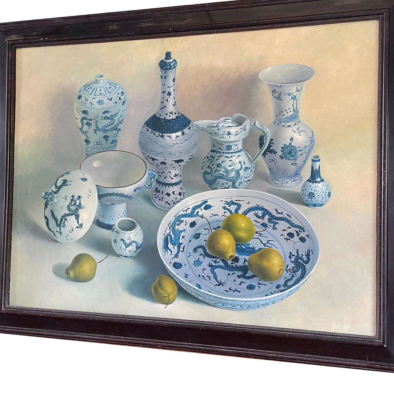 Mid-Century Modern 20th Century, Blue-White European Still Life Oil on Canvas Painting
