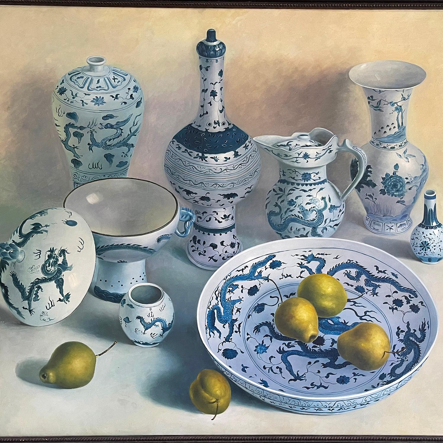 Hand-Crafted 20th Century, Blue-White European Still Life Oil on Canvas Painting