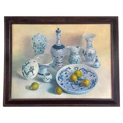 20th Century, Blue-White European Still Life Oil on Canvas Painting