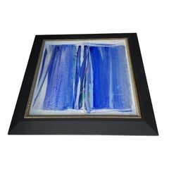 Blue-White Abstract Oil Painting on Wood, Mid-Century Modern, Signed