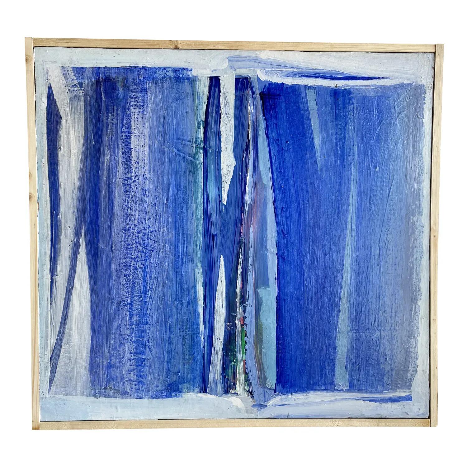 Français Peinture à l'huile abstraite française bleu-blanc du 20e siècle représentant des livres par Daniel Clesse en vente