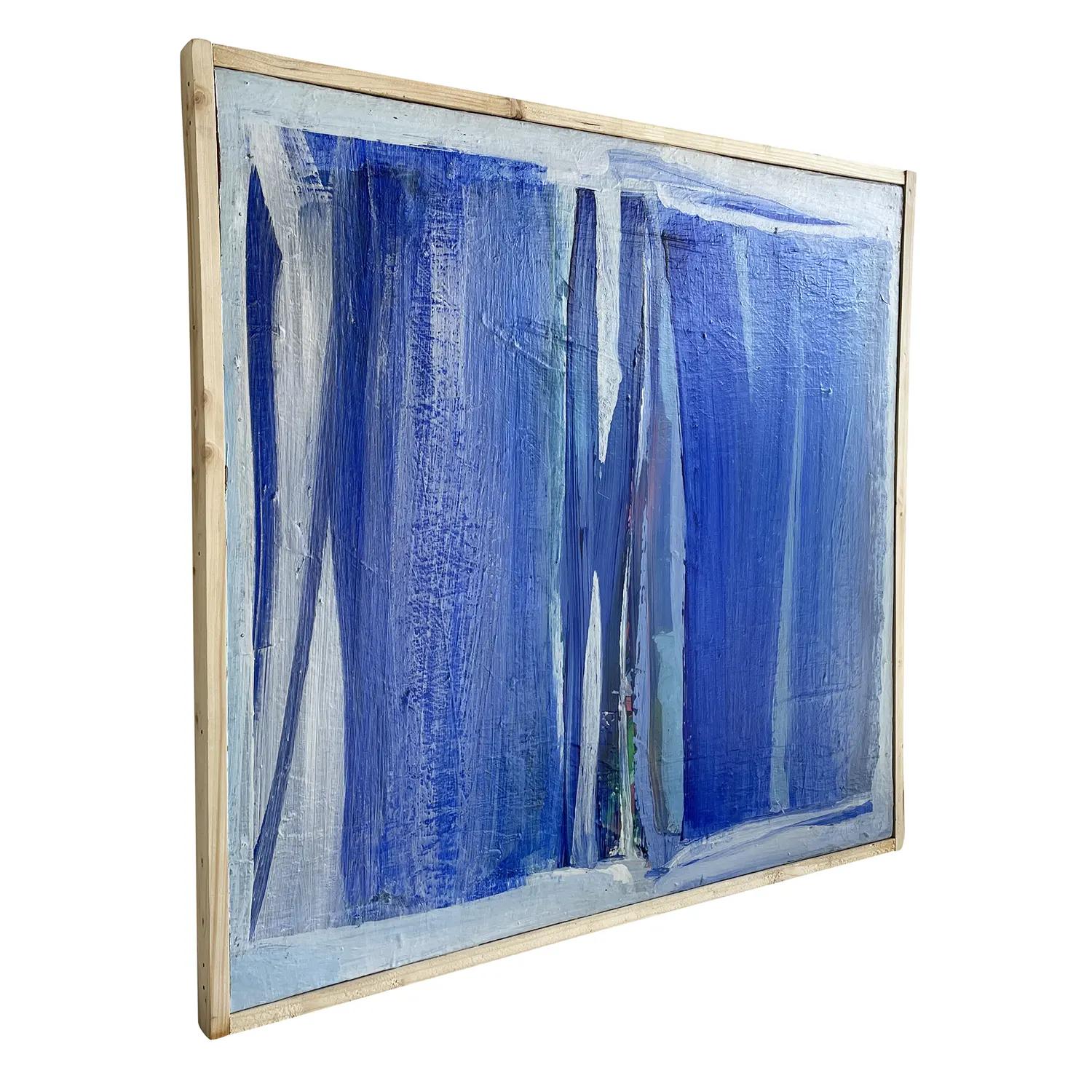 Fait main Peinture à l'huile abstraite française bleu-blanc du 20e siècle représentant des livres par Daniel Clesse en vente