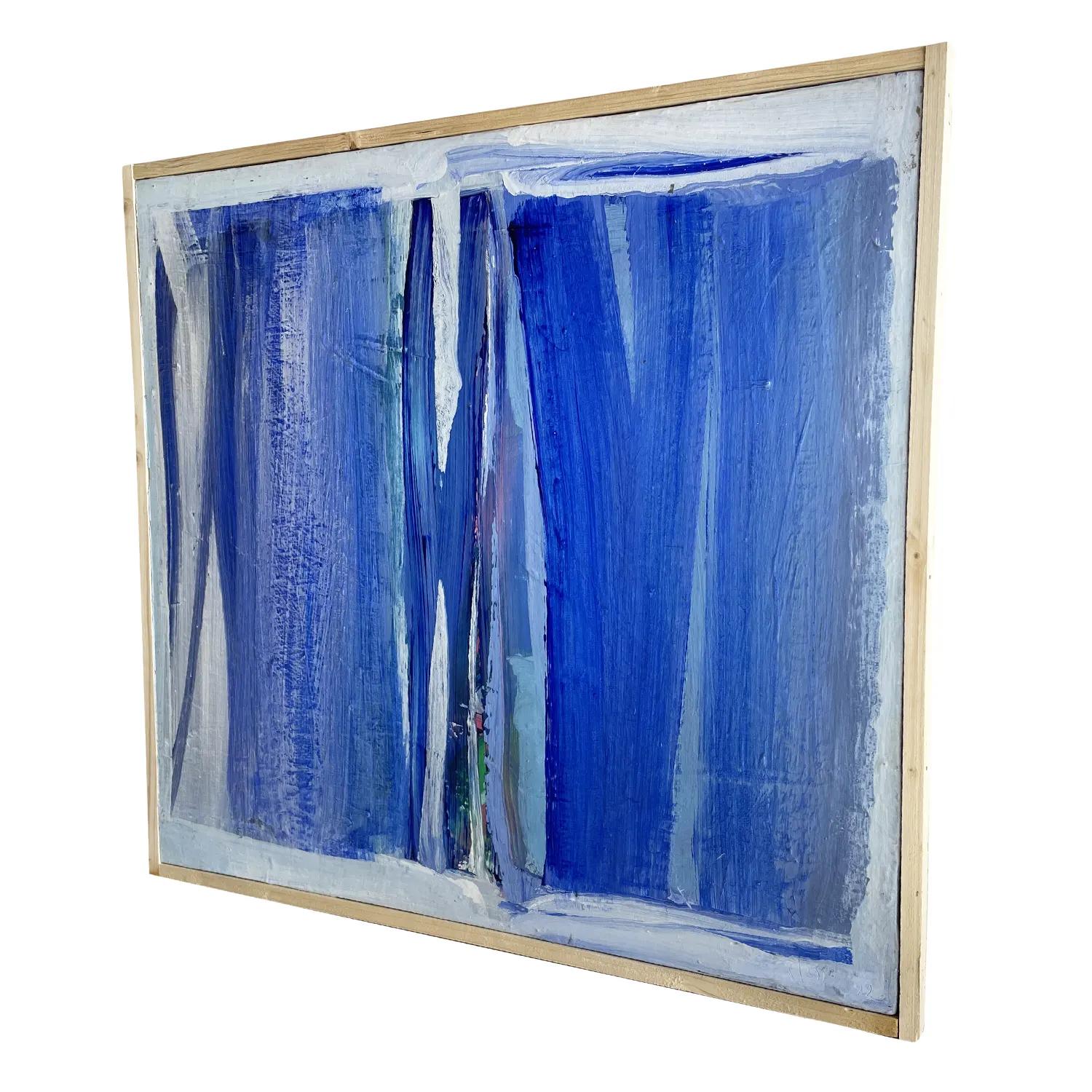 Wood 20th Century Blue-White French Abstract Oil Painting of Books by Daniel Clesse For Sale