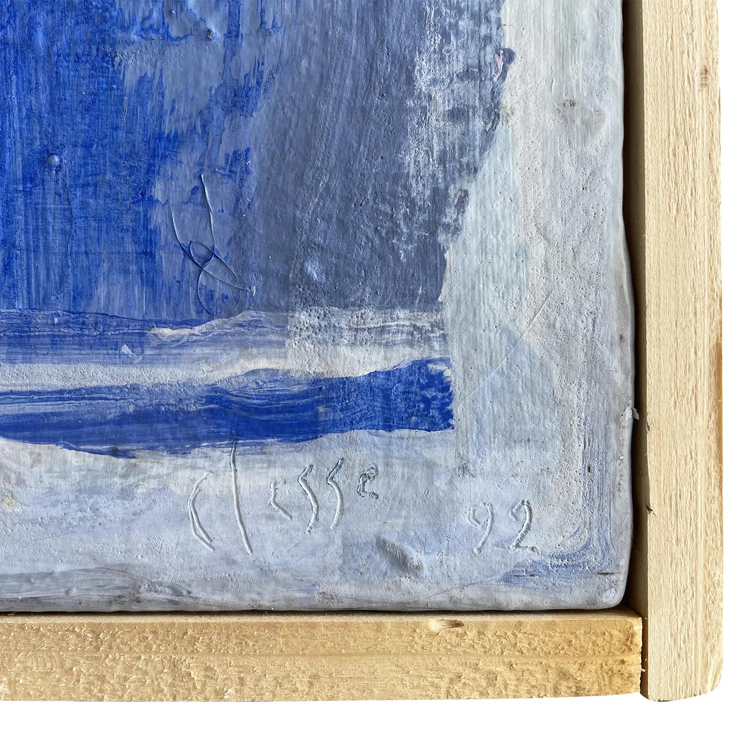 Bois Peinture à l'huile abstraite française bleu-blanc du 20e siècle représentant des livres par Daniel Clesse en vente