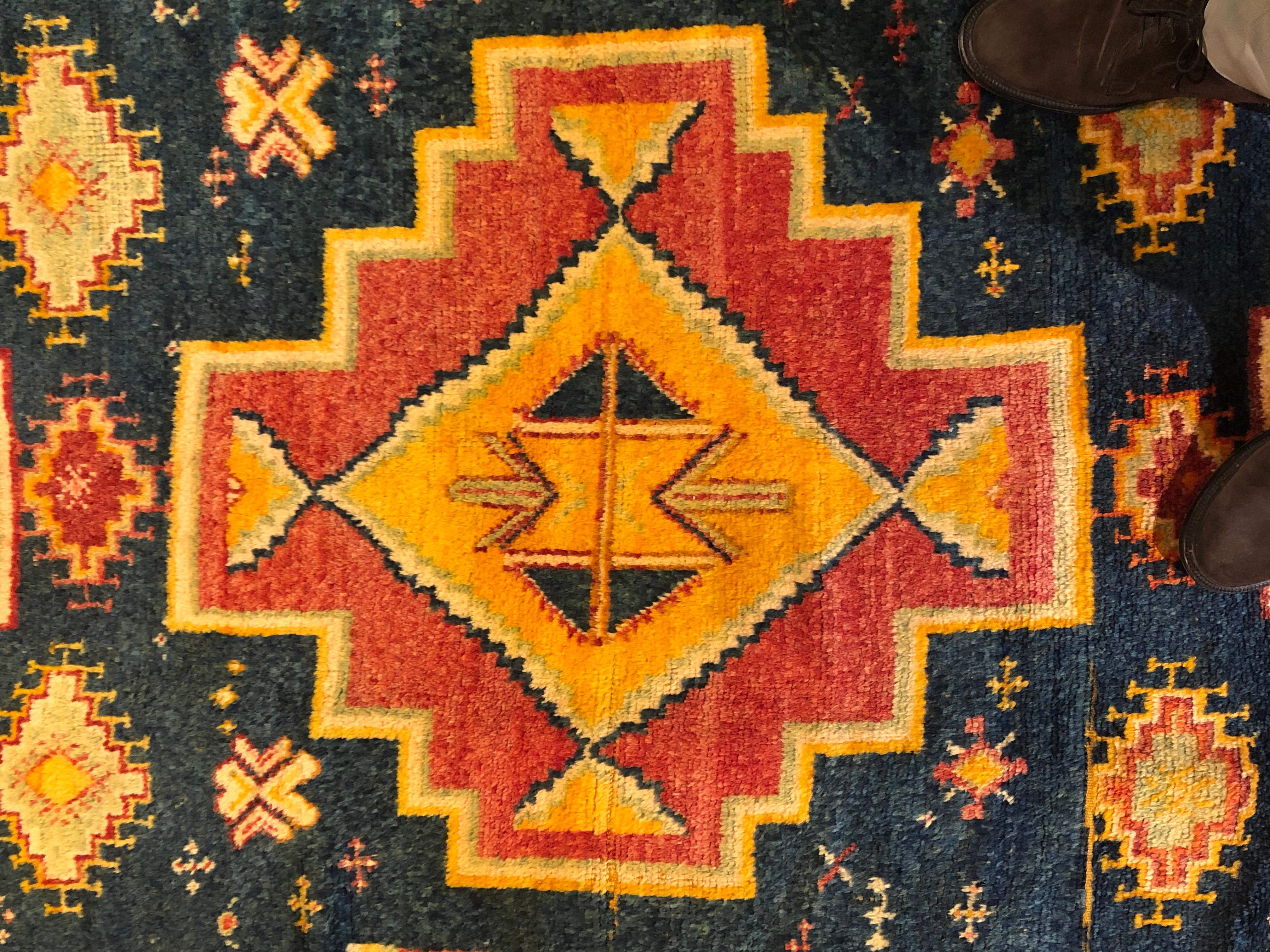 Tribal 20th Century Blue Yellow Orange Berber Oouazouite Moroccan Rug, ca 1950 For Sale