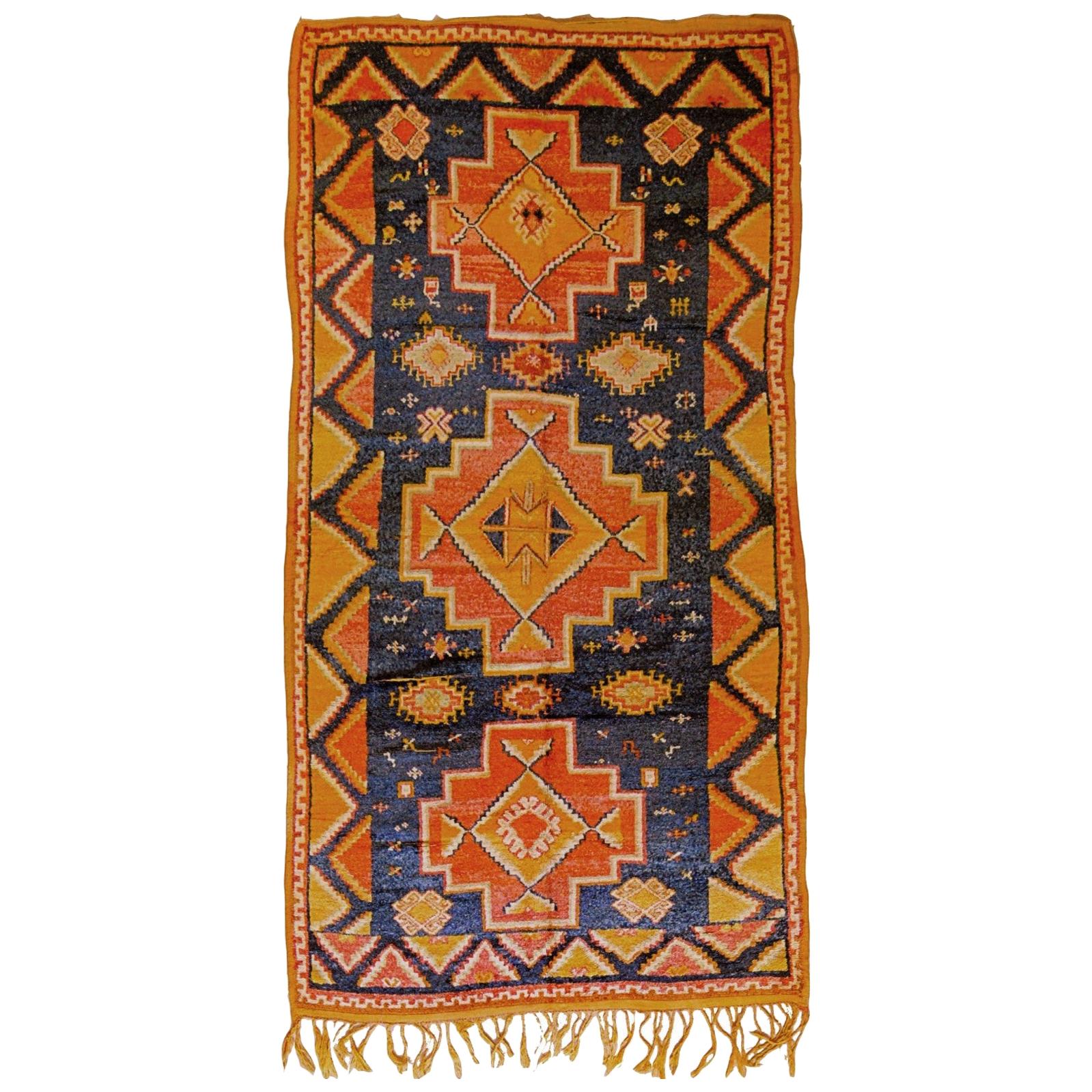 20th Century Blue Yellow Orange Berber Oouazouite Moroccan Rug, ca 1950 For Sale