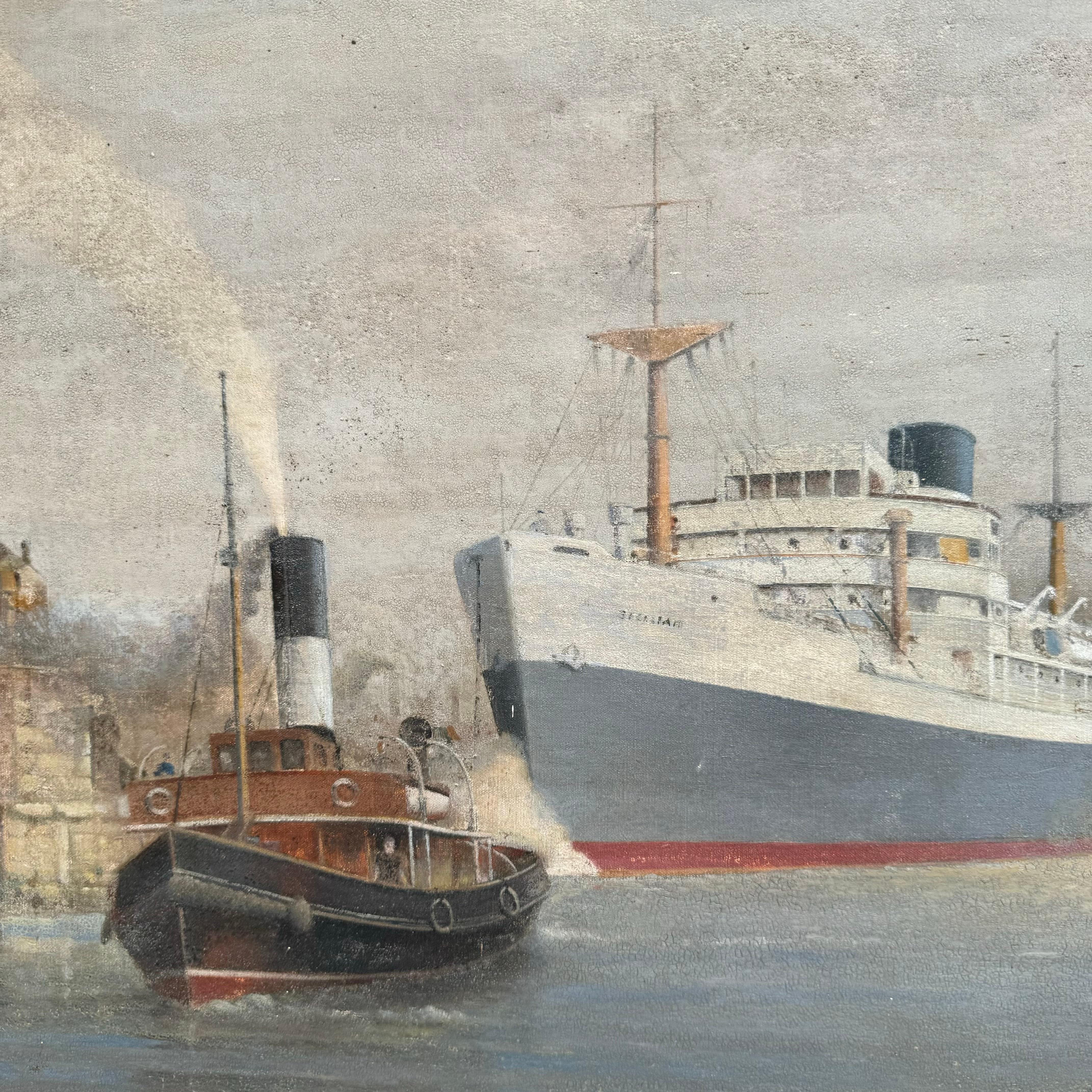 Bootssszene des 20. Jahrhunderts, Gemälde – Southampton Docks, England im Zustand „Gut“ im Angebot in Haywards Heath, GB